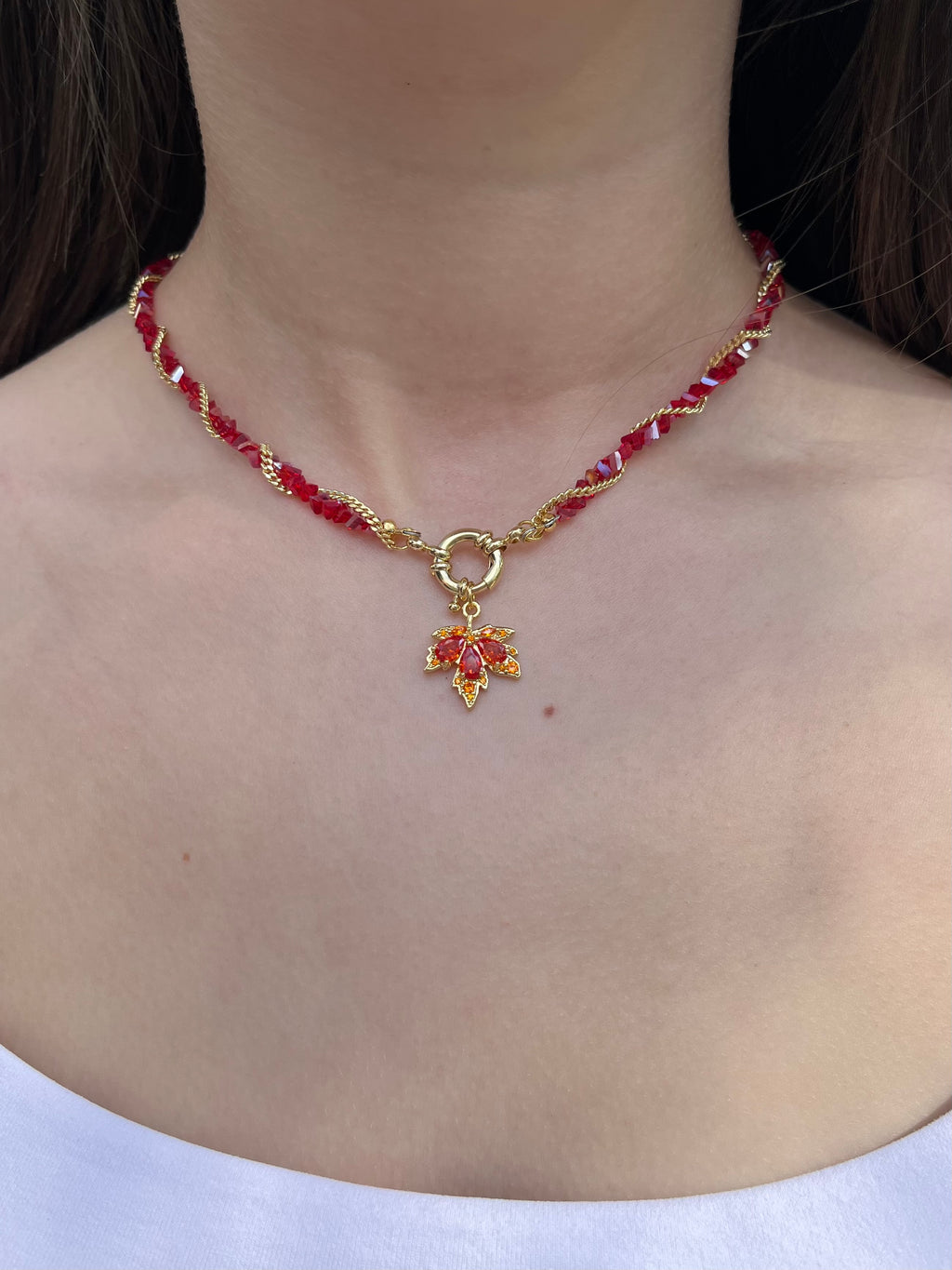 Crystal Red Necklace: 18K Gold Pendant Maple Leaf