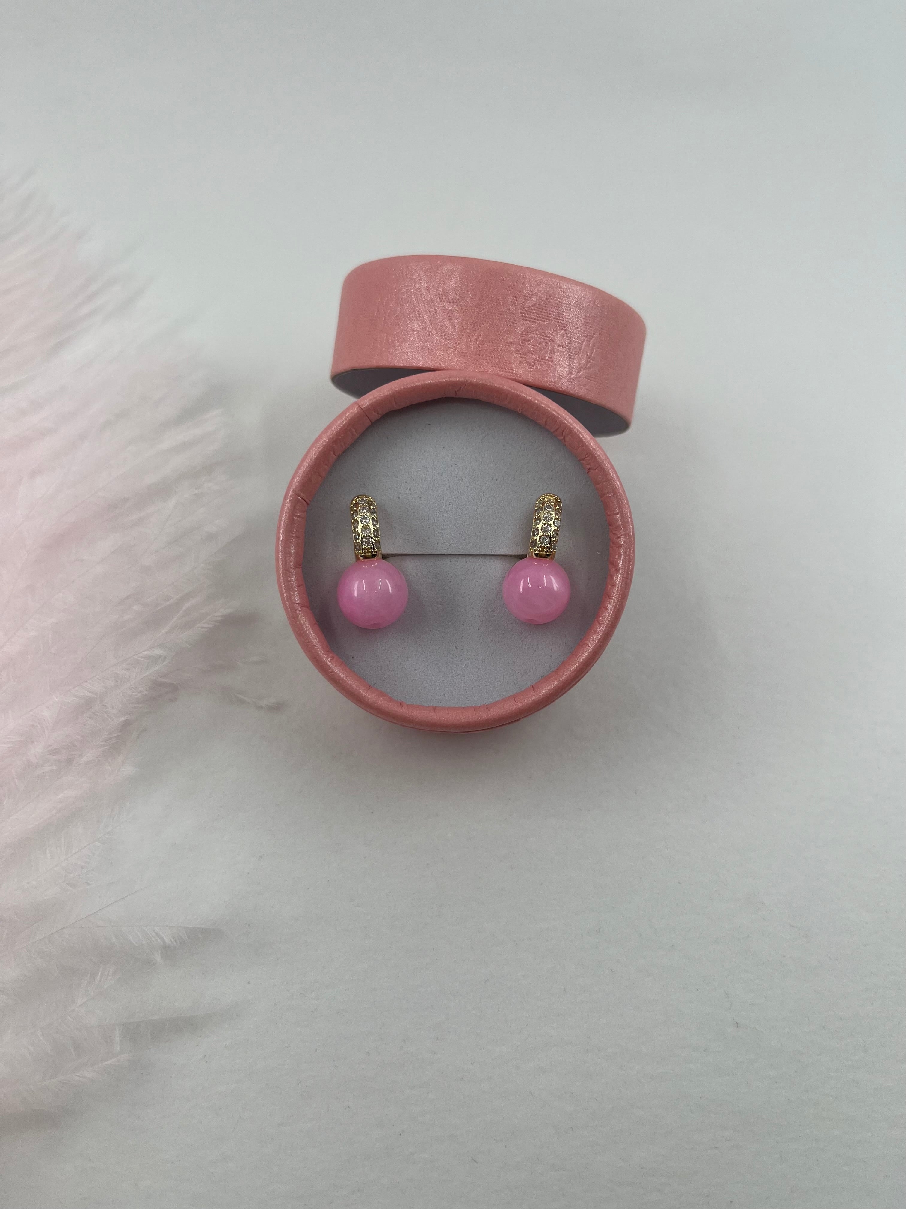 Natural pink Jade Gold Zirconia Earrings