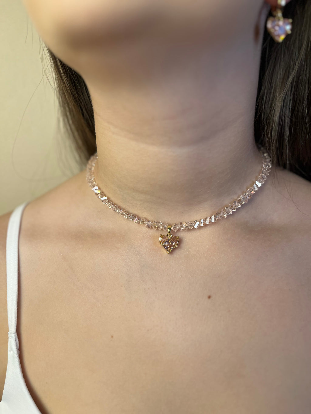 Set: Heart Pink Crystal Choker Necklace and Earrings – 18K Gold Plated, Cubic Zirconia, Nickel Free