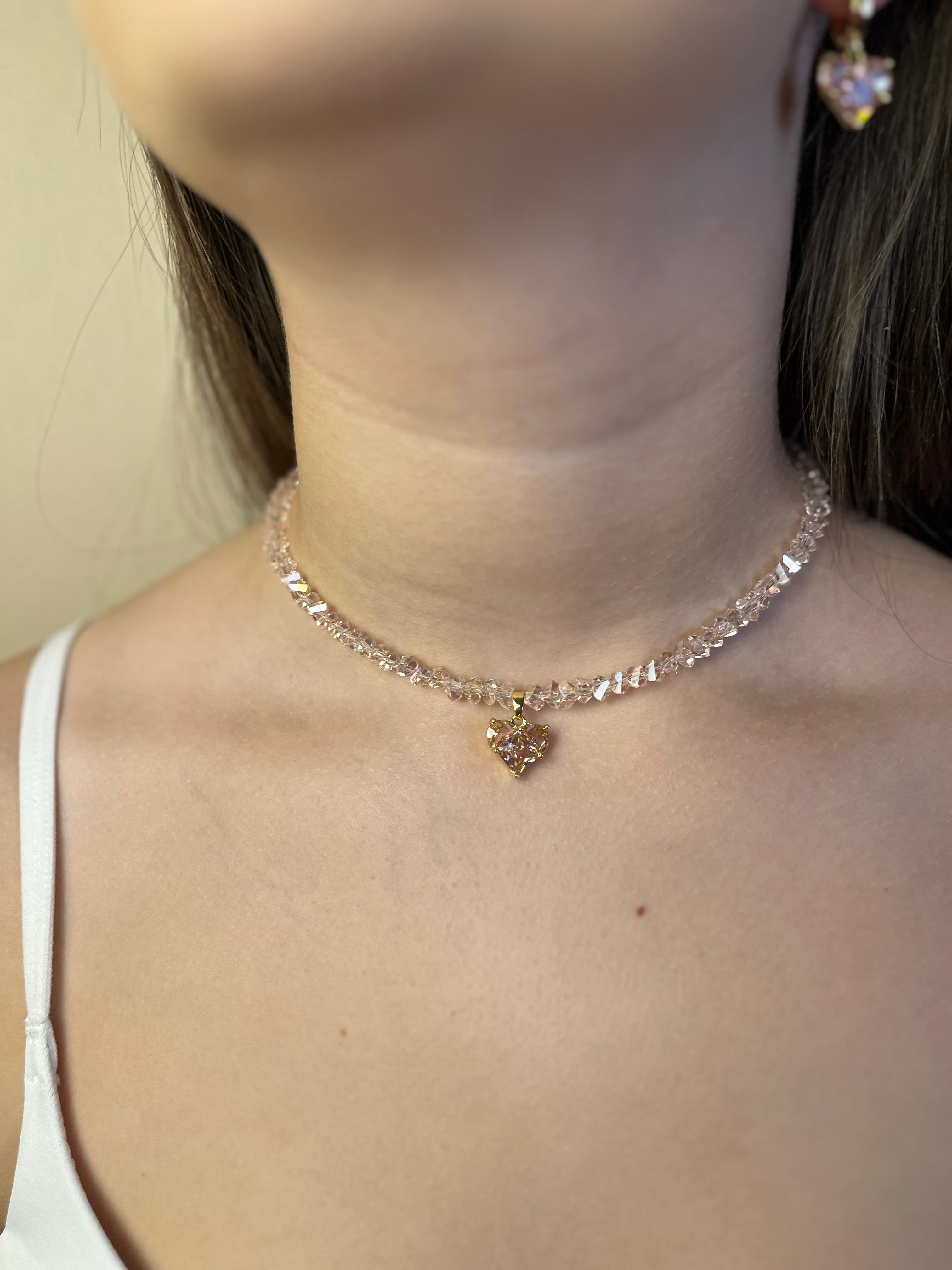 Set: Heart Pink Crystal Choker Necklace and Earrings – 18K Gold Plated, Cubic Zirconia, Nickel Free