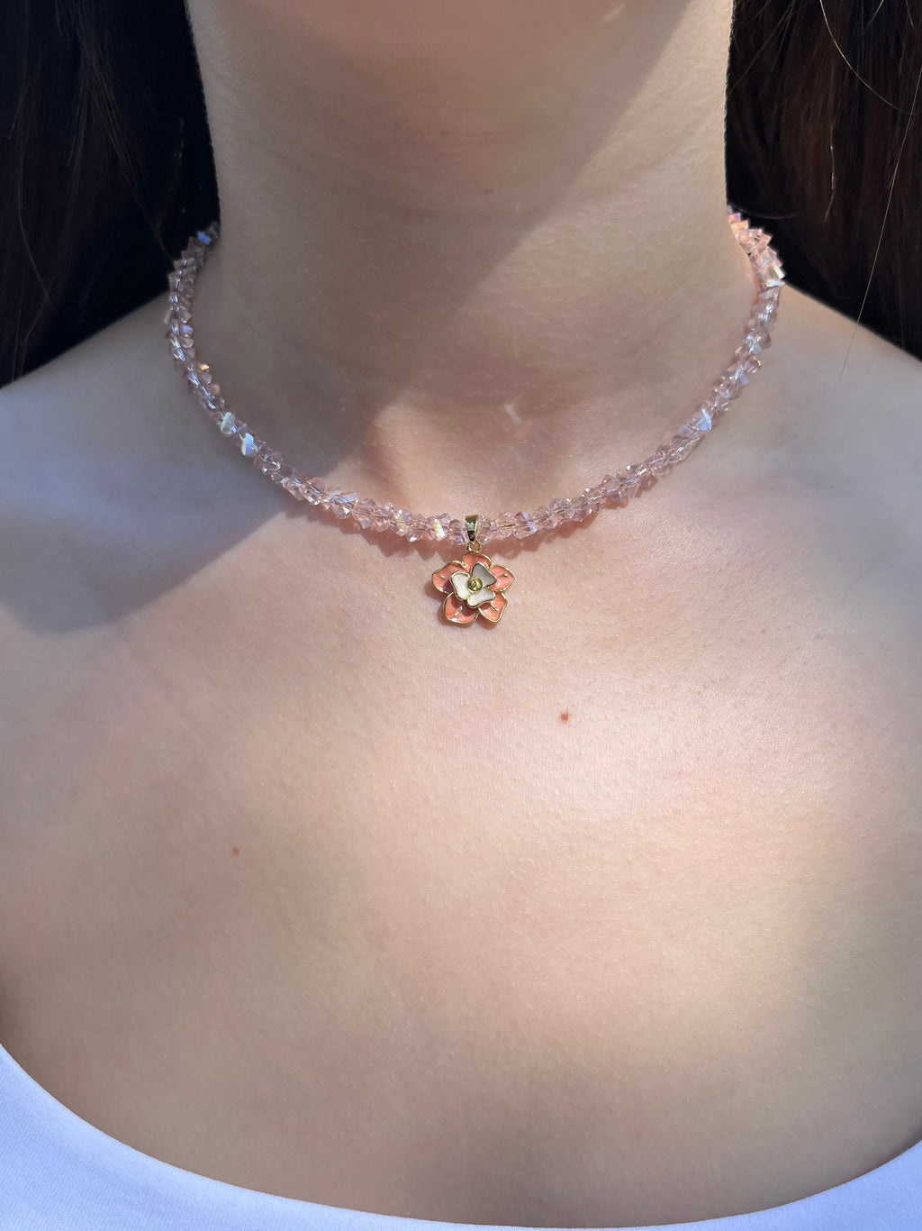Enamel Flower Crystal Choker Necklace – 18K Gold Plated