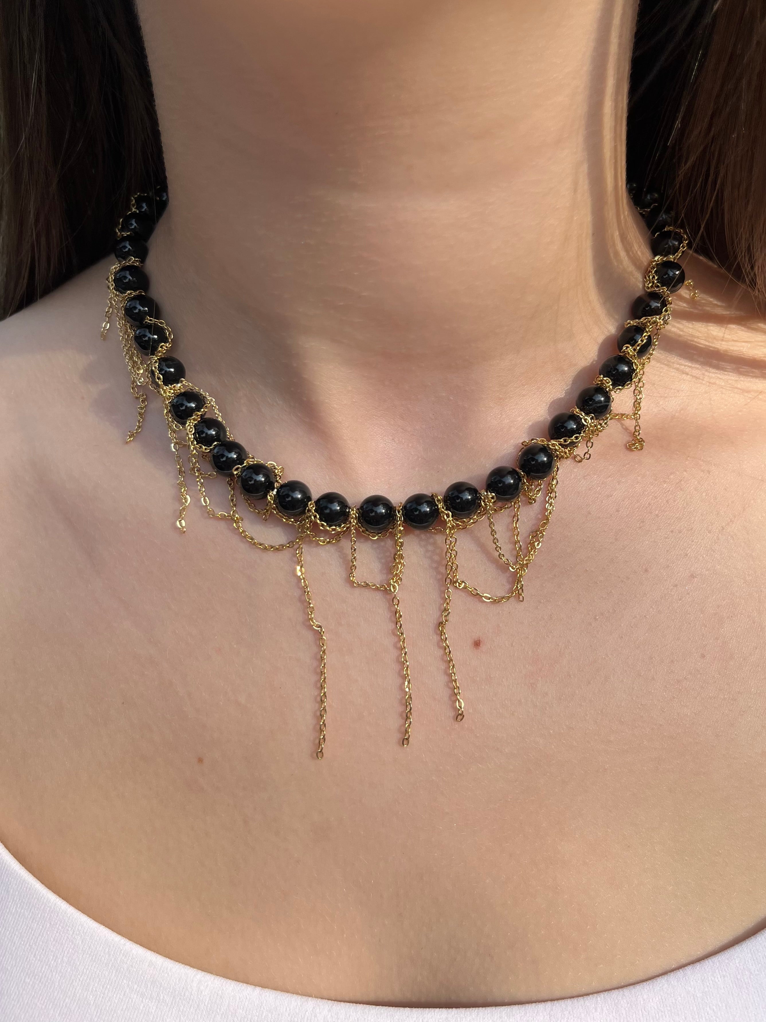 Black Onyx Layered necklace– 18K Gold Plated Chain