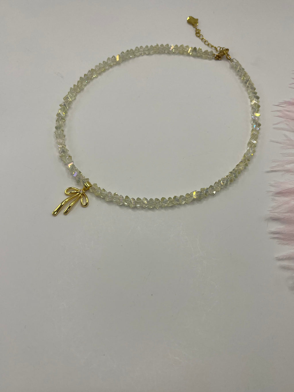 Crystal Glass Bead Choker: 18K Gold Bowknot Pendant