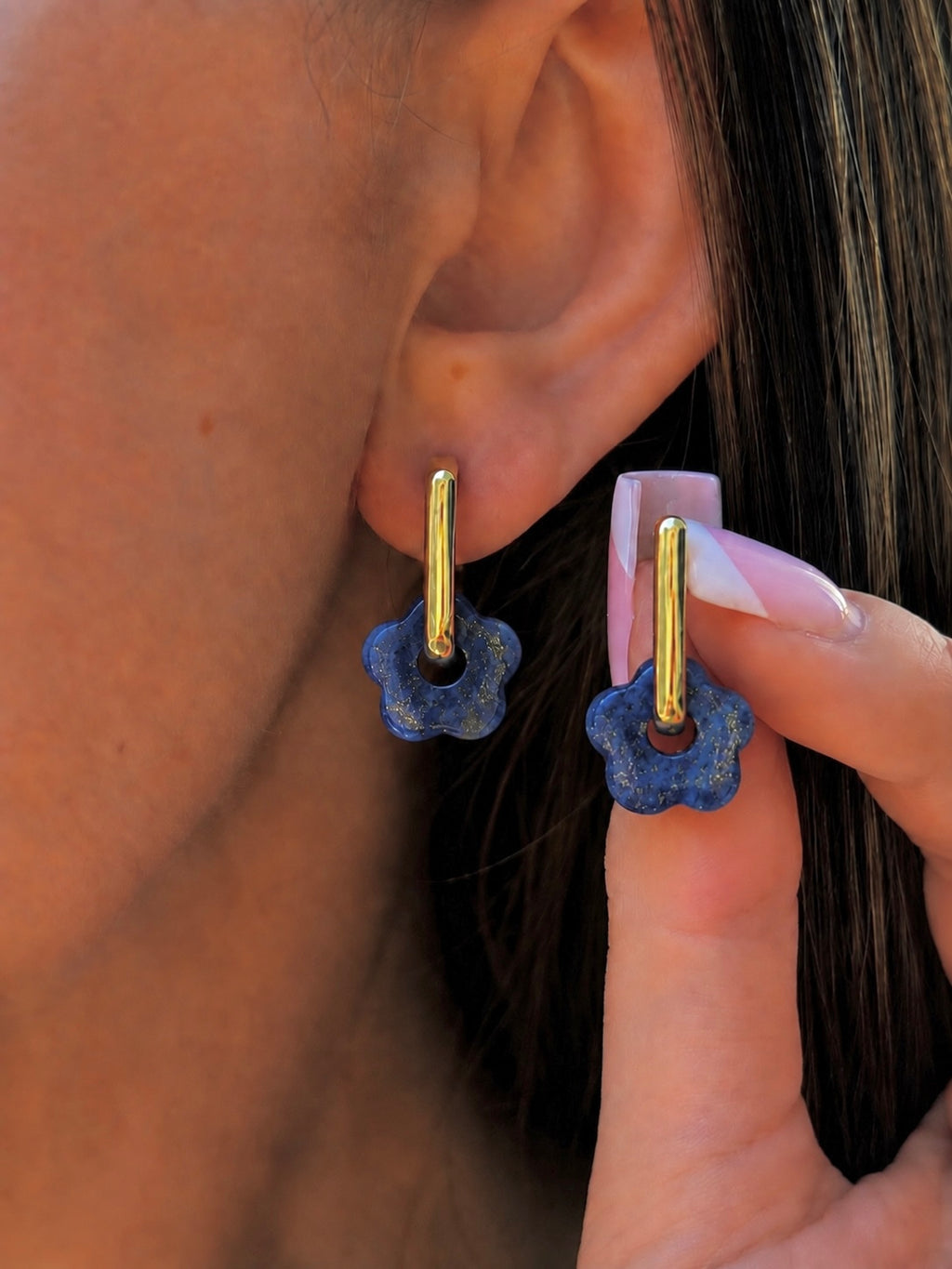 Lapis flower Earrings, 18K Gold Plated