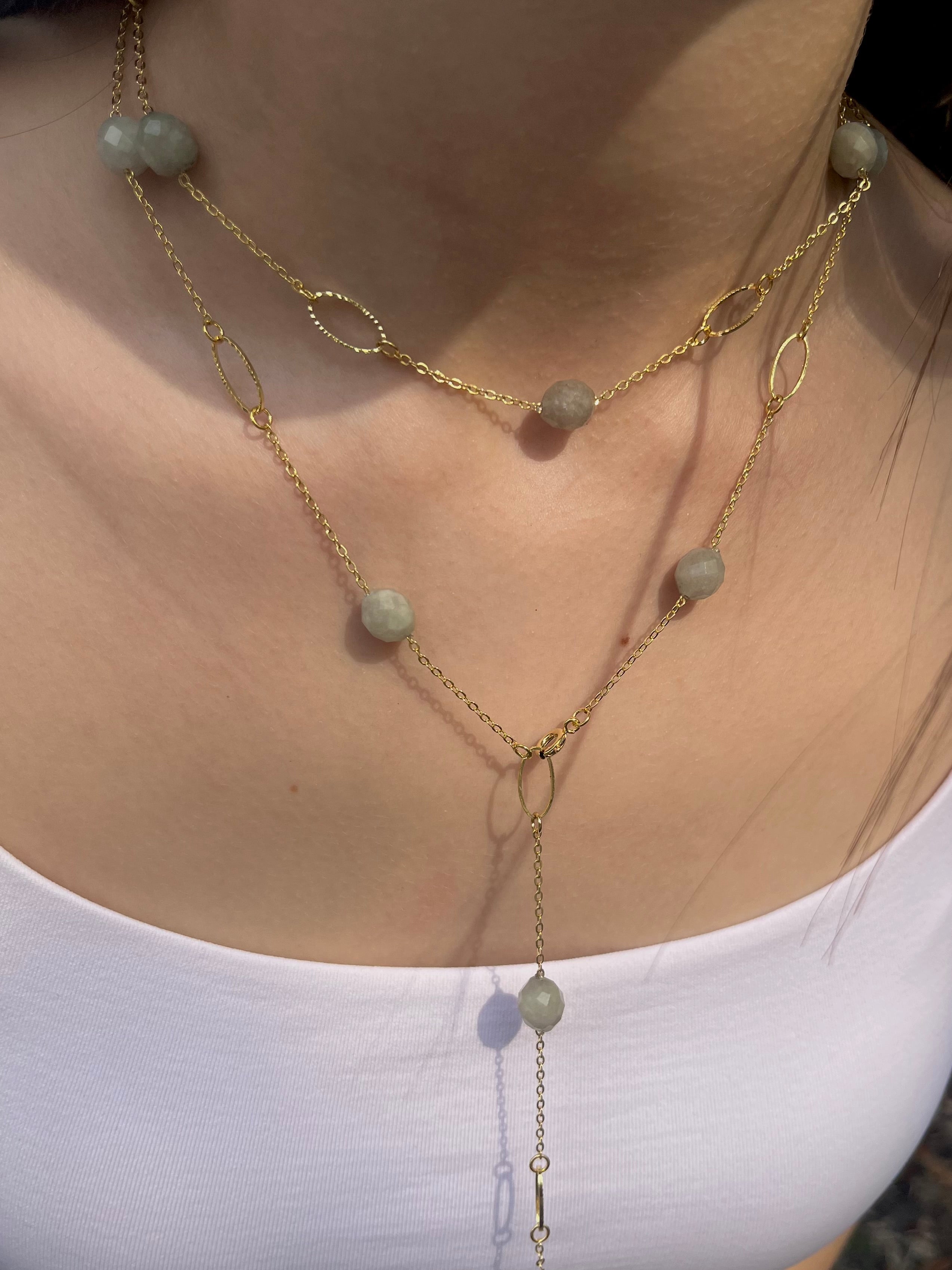 Layered Long Natural Malaysia Jade Necklace with 18K Gold chain