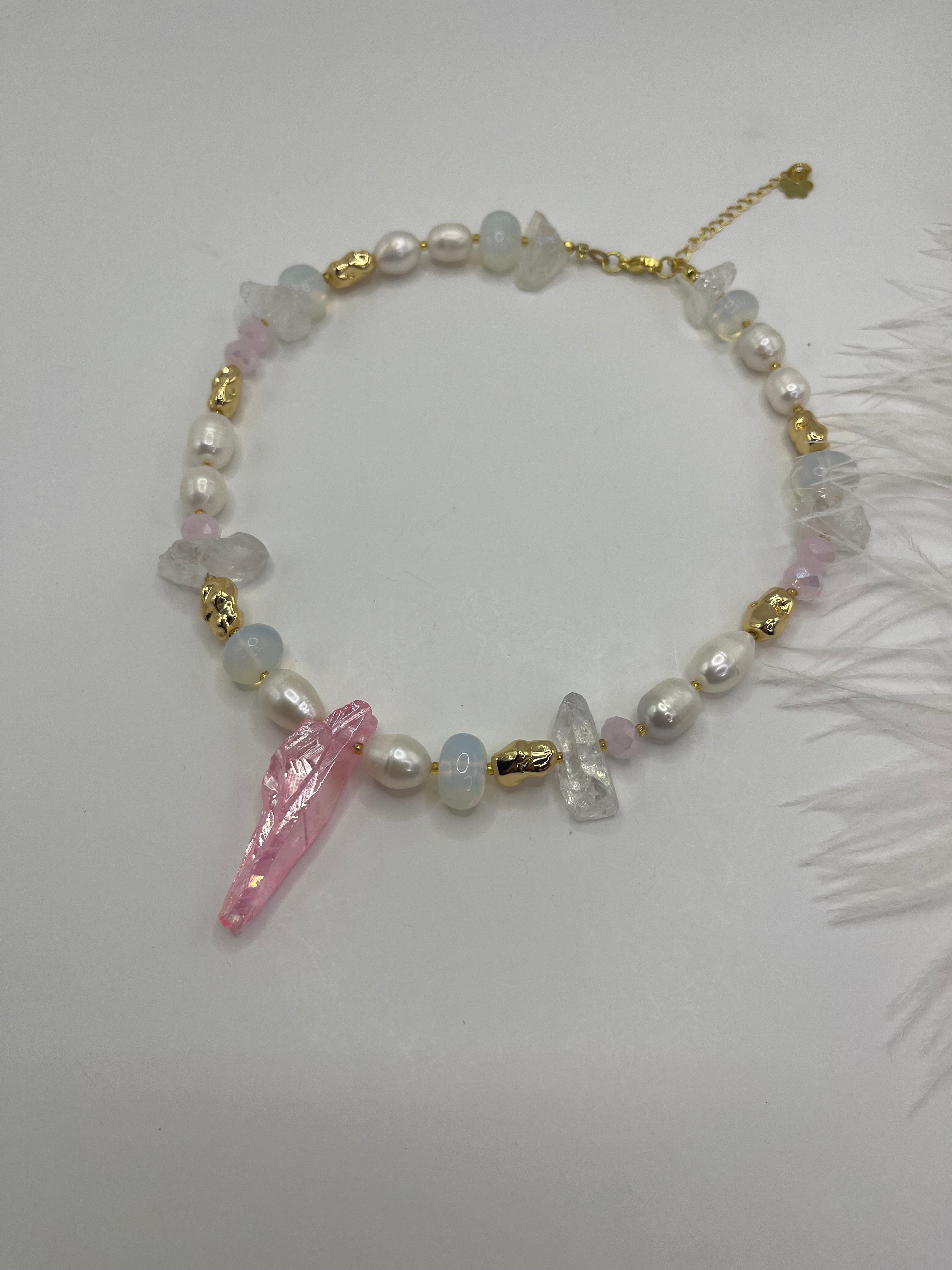 Set: Rose Quartz and Pearls Necklace and Earrings