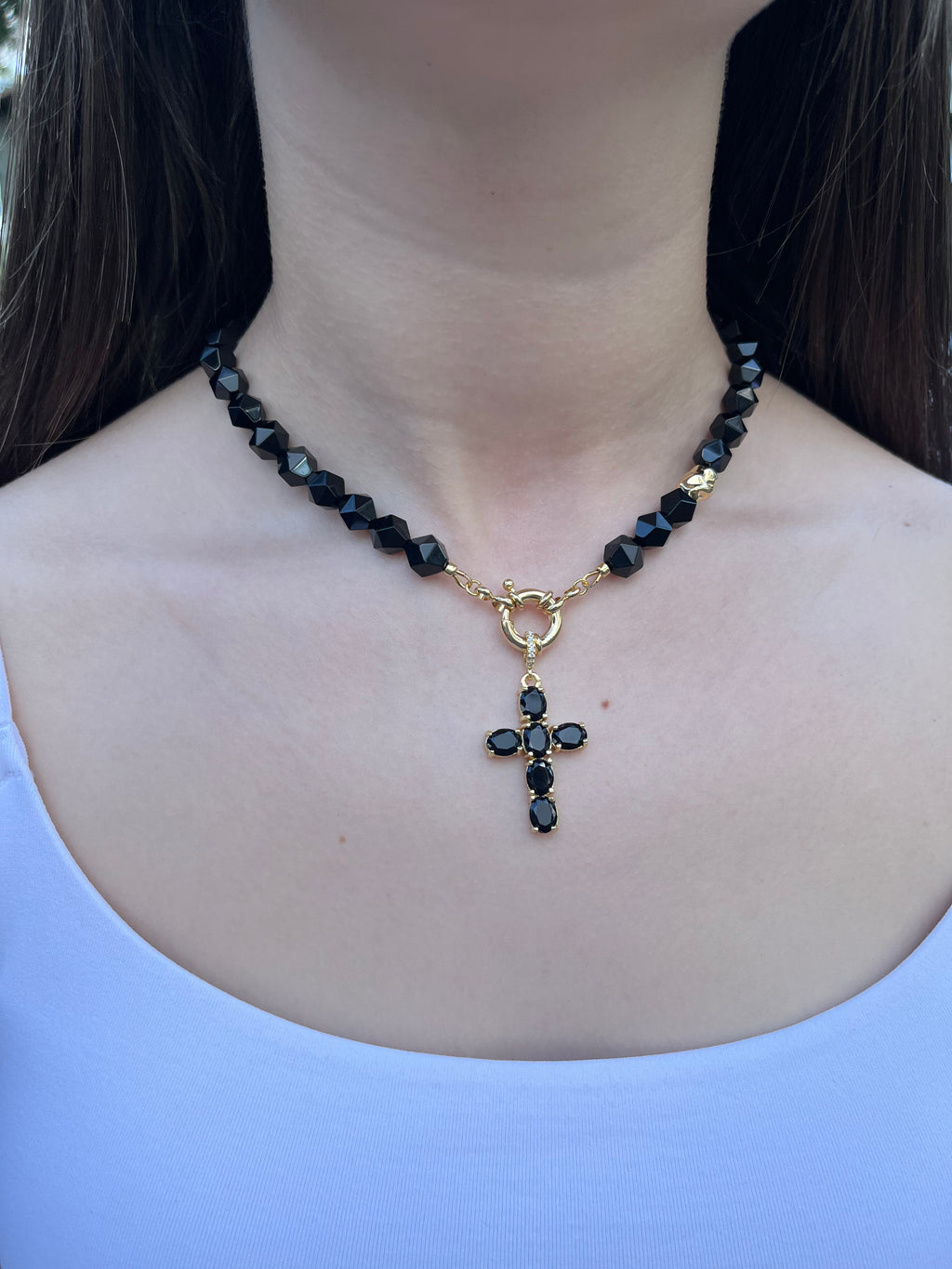 Natural Black Onyx Necklace with Gold Zirconia Cross