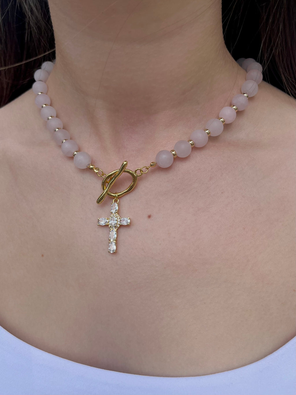 Set: Rose Quartz Cross Necklace and Earrings, 18k gold plated