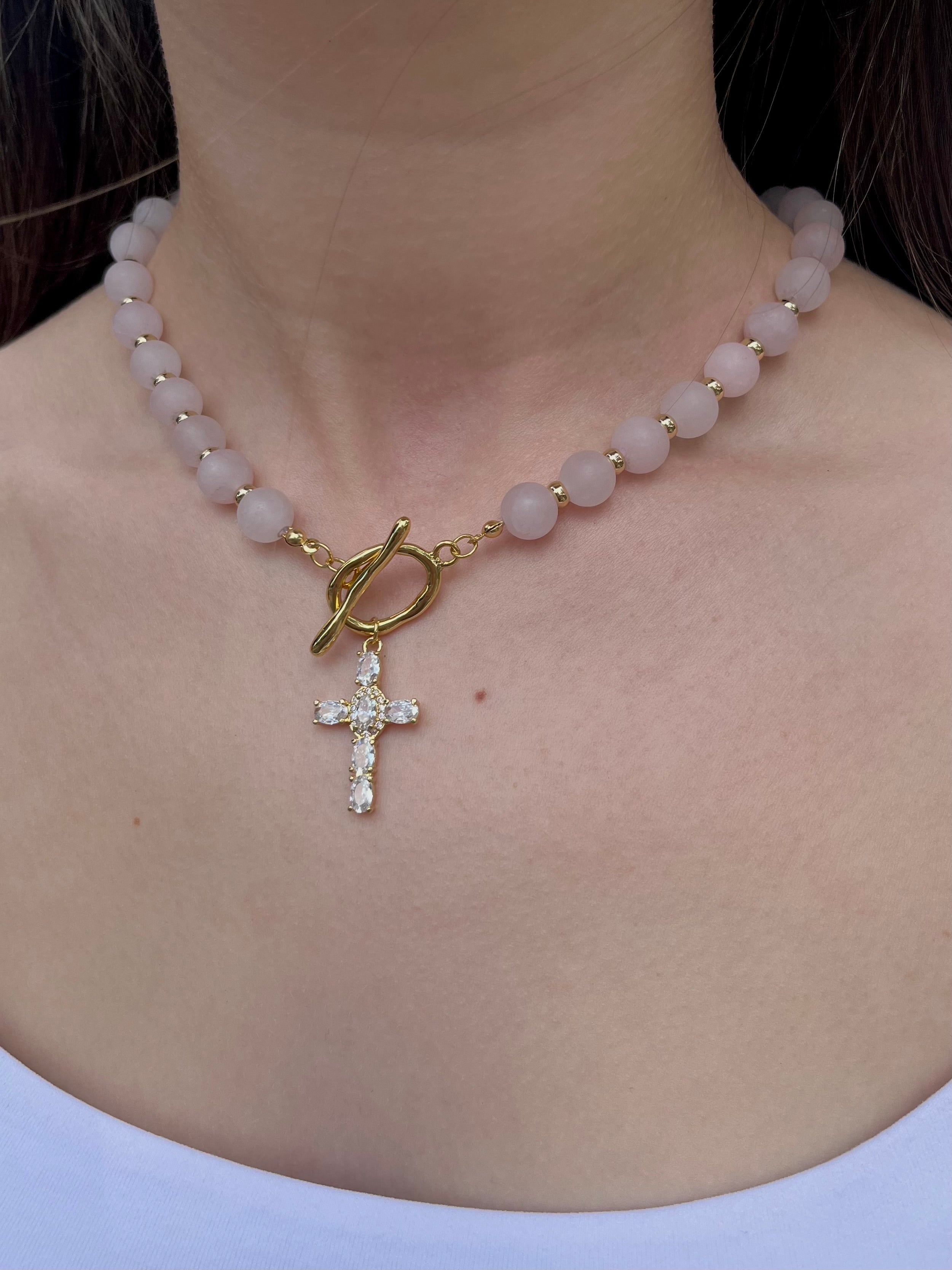 Set: Rose Quartz Cross Necklace and Earrings, 18k gold plated