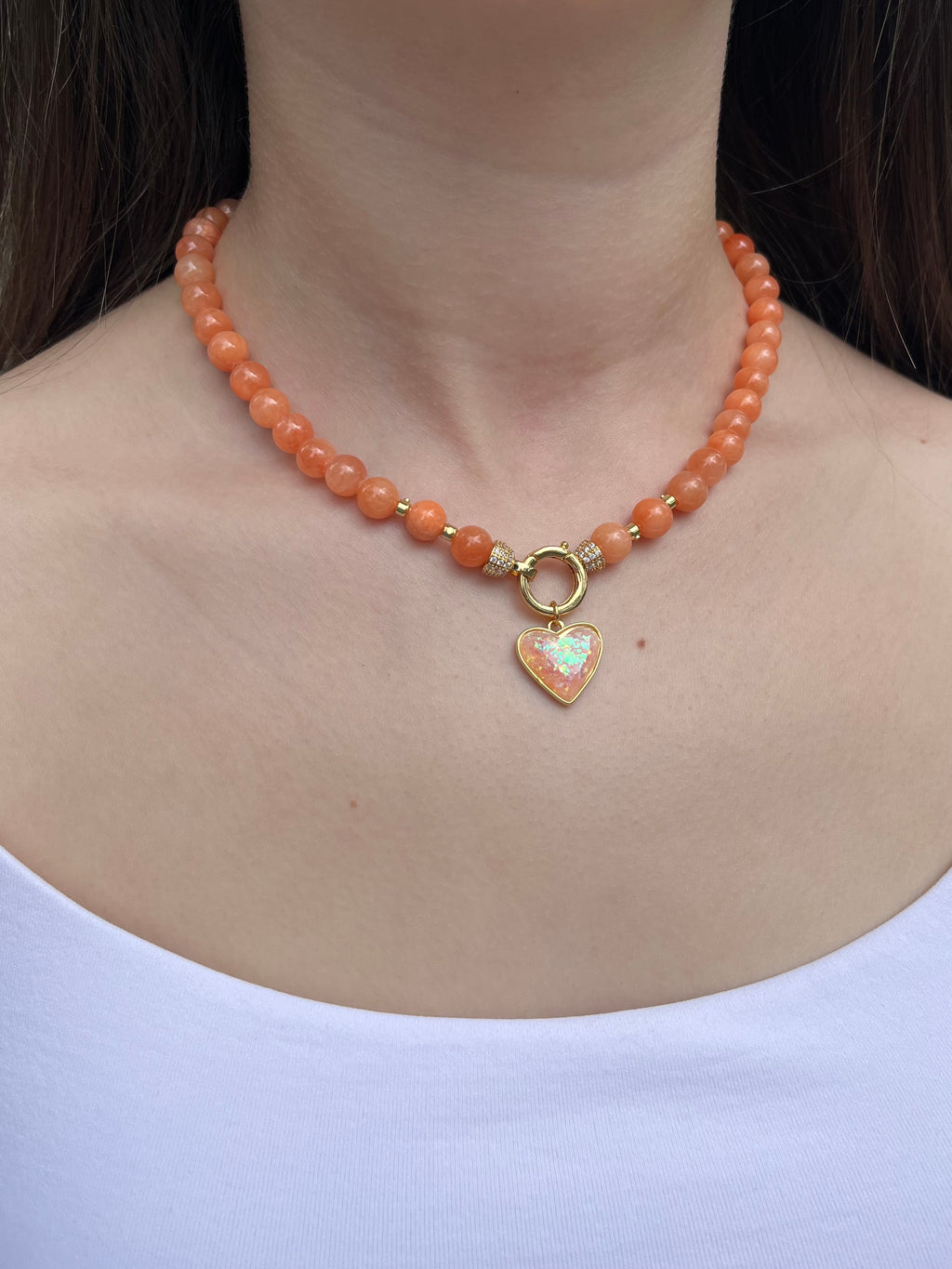 Natural Coral Jade Necklace with Heart Pendant