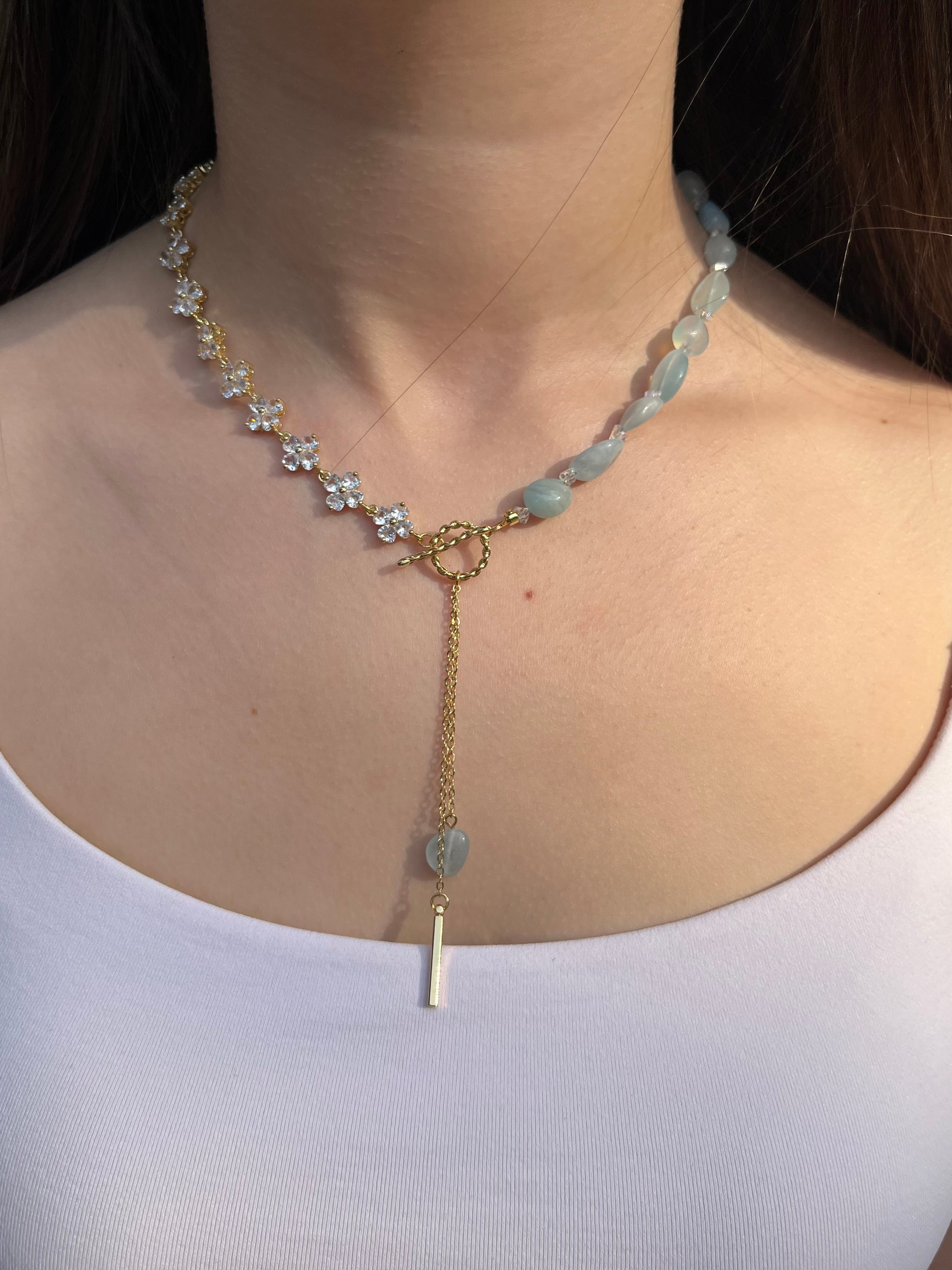 Asymmetrical Aquamarine Y-Necklace, zirconia chain, Bar pendant