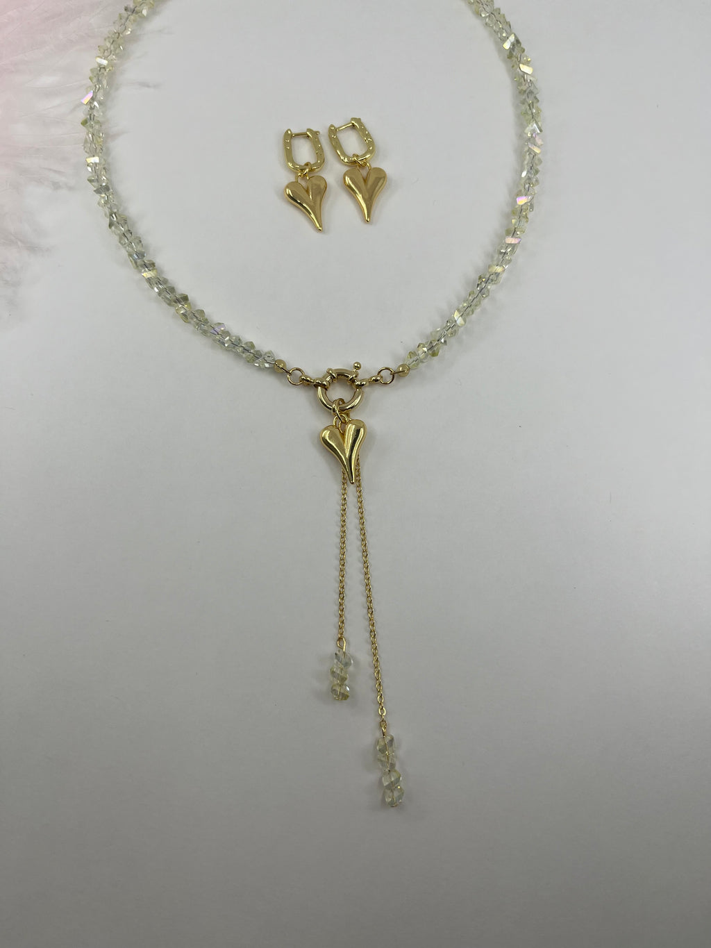 Set: Heart Crystal Y-Necklace and Earrings – 18K Gold Plated