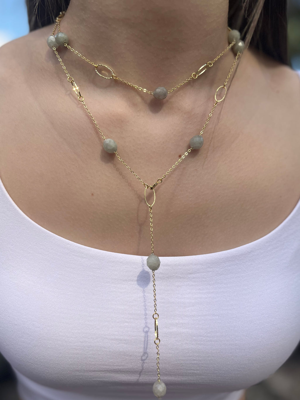 Layered Long Natural Malaysia Jade Necklace with 18K Gold chain