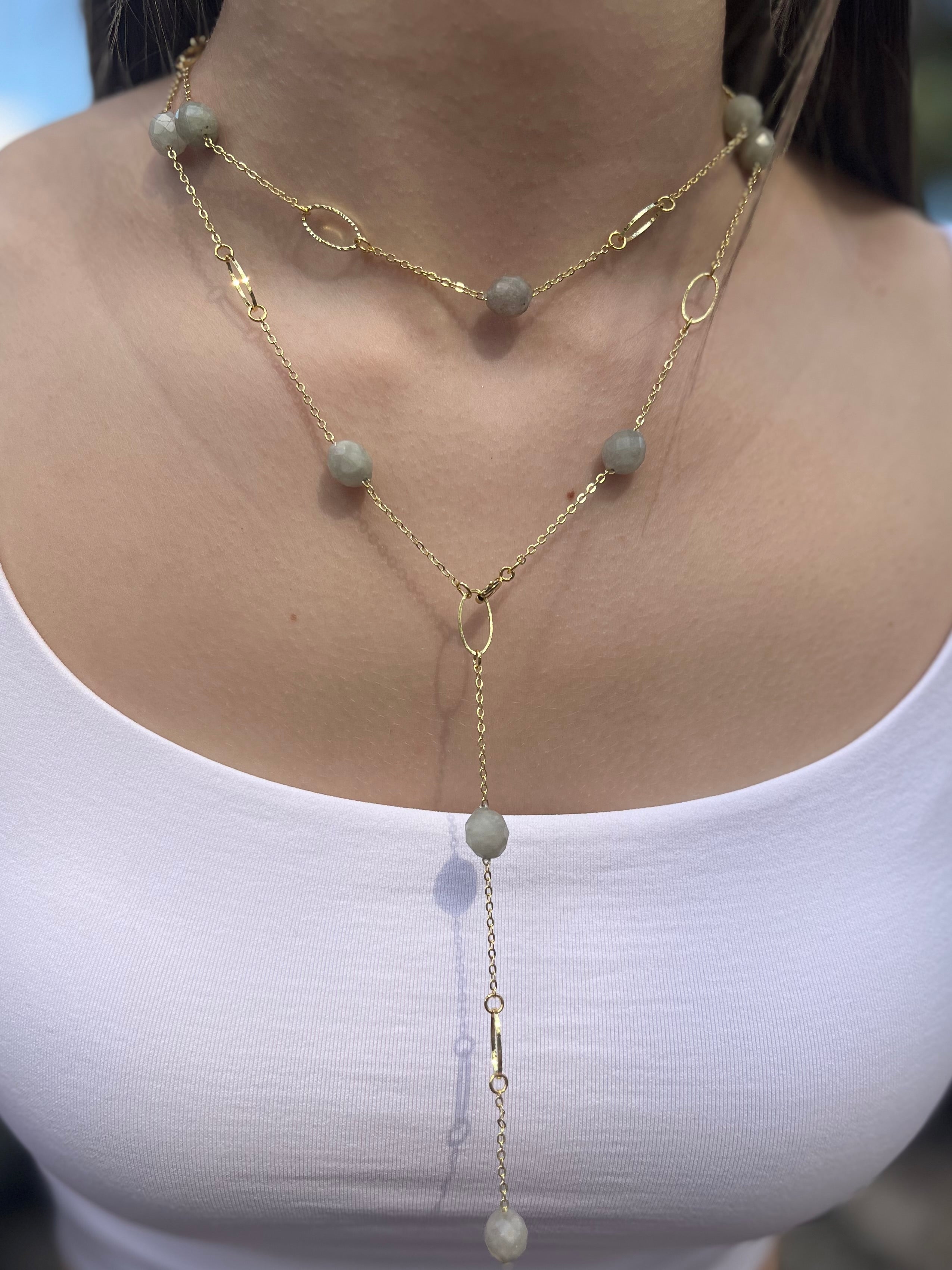 Layered Long Natural Malaysia Jade Necklace with 18K Gold chain