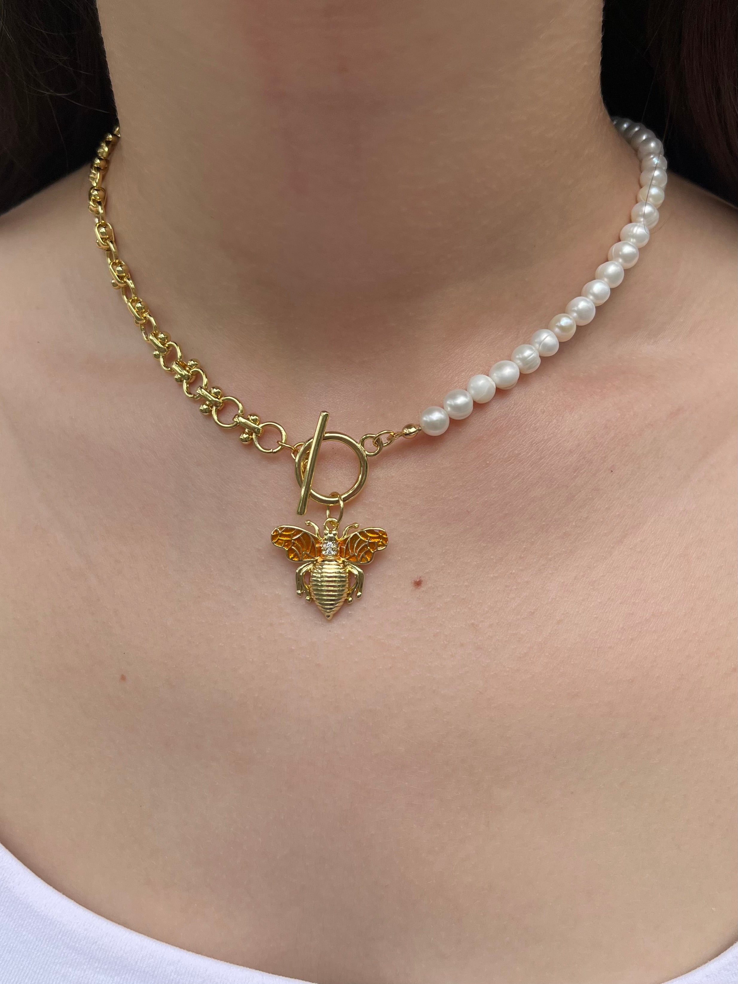 Asymmetrical Pearl Necklace with Bee Pendant, 18K Gold Plated Chain