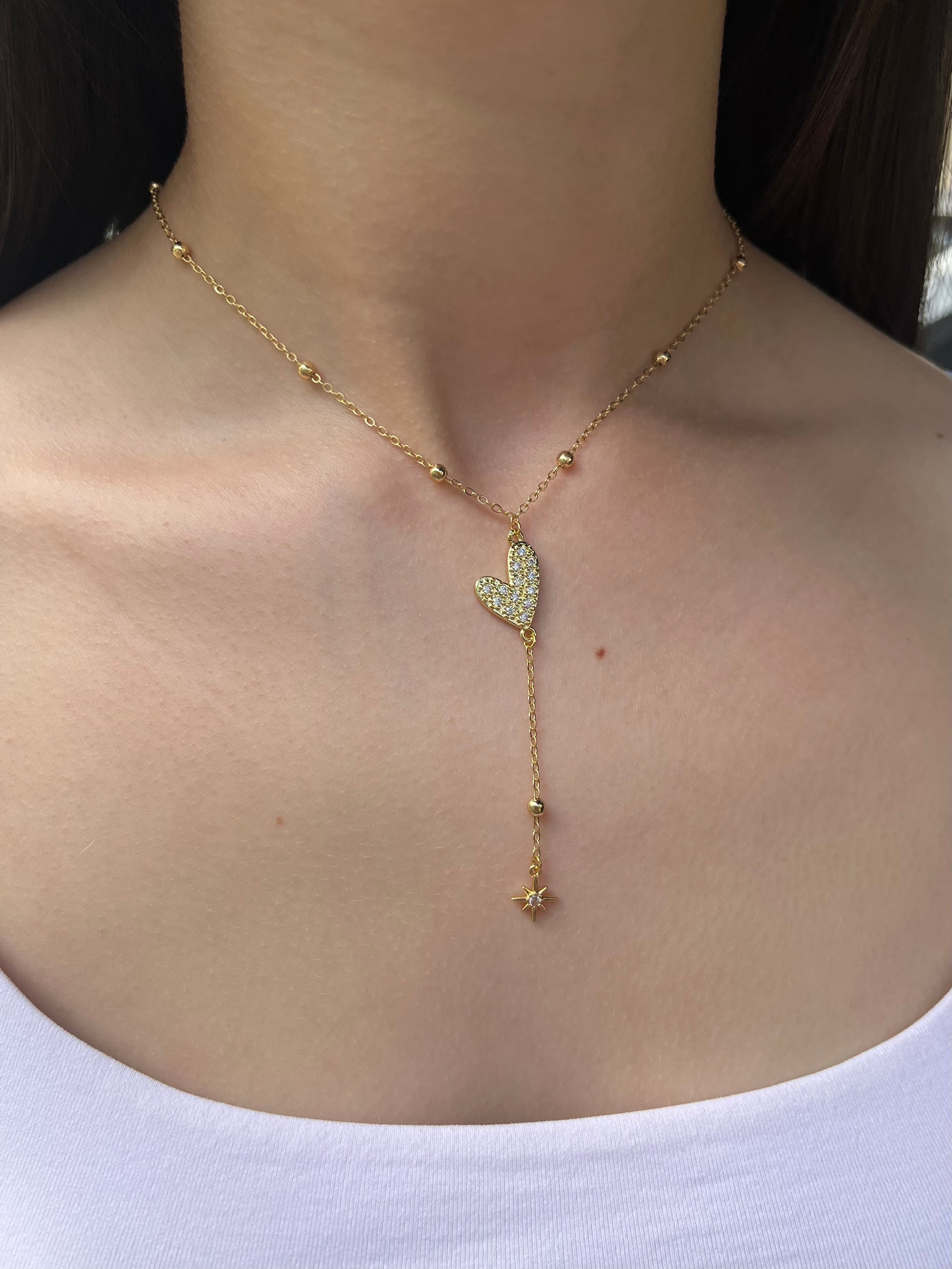 Lariat Y-Necklace, zirconia heart pendant 18k gold plated