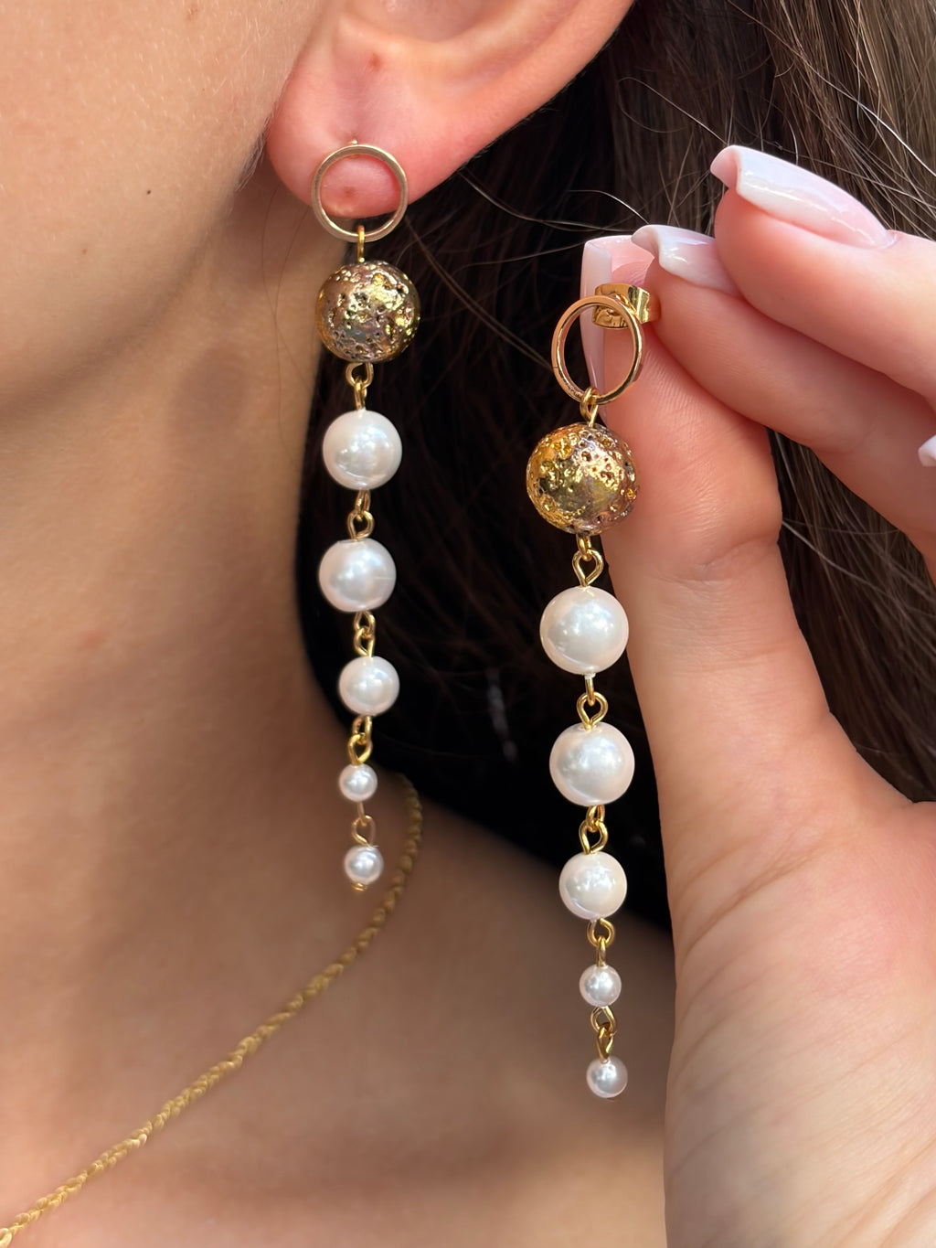 Long Pearl Shell Drop Earrings and Necklace