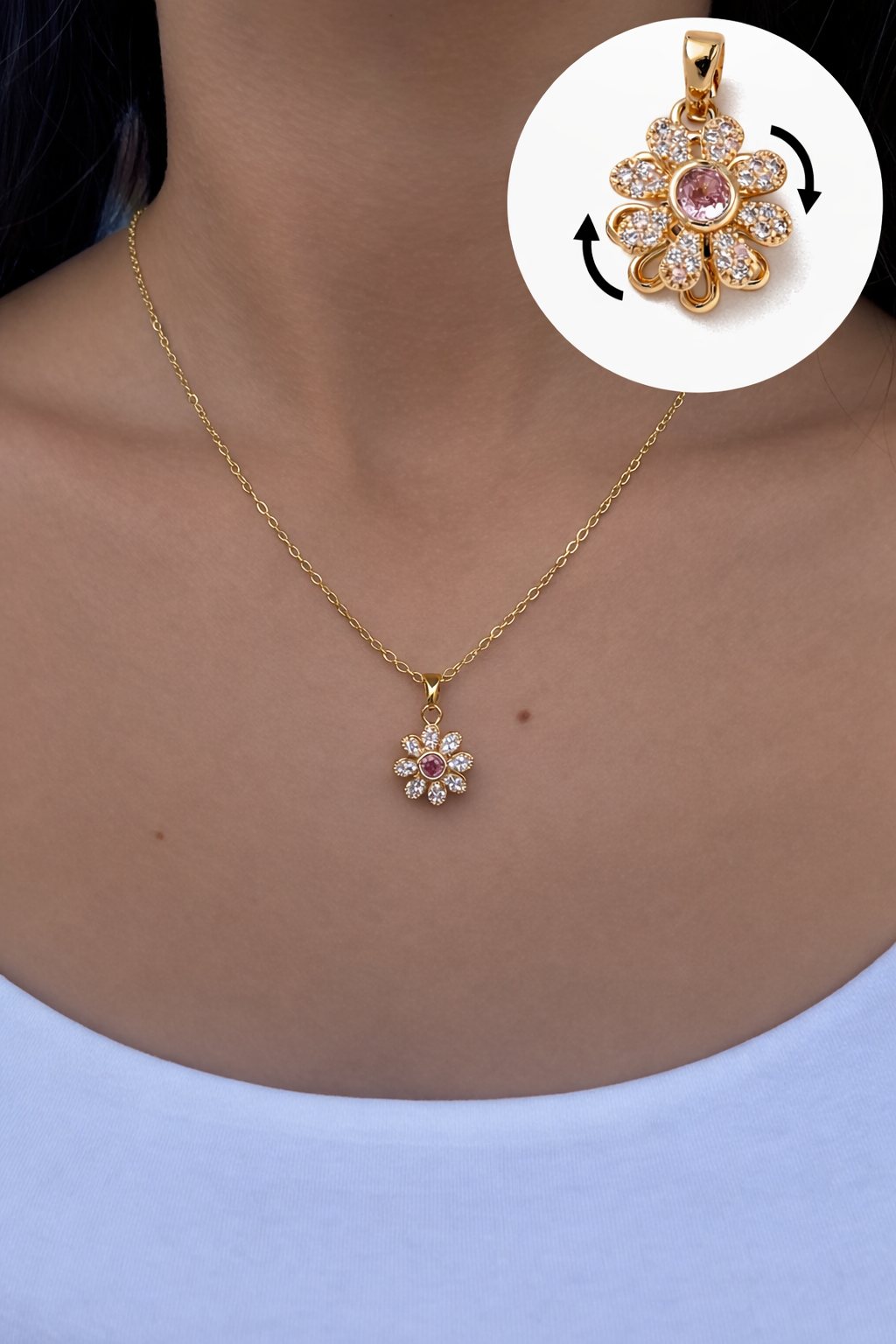 18K Gold Flower Spinner Pendant Necklace
