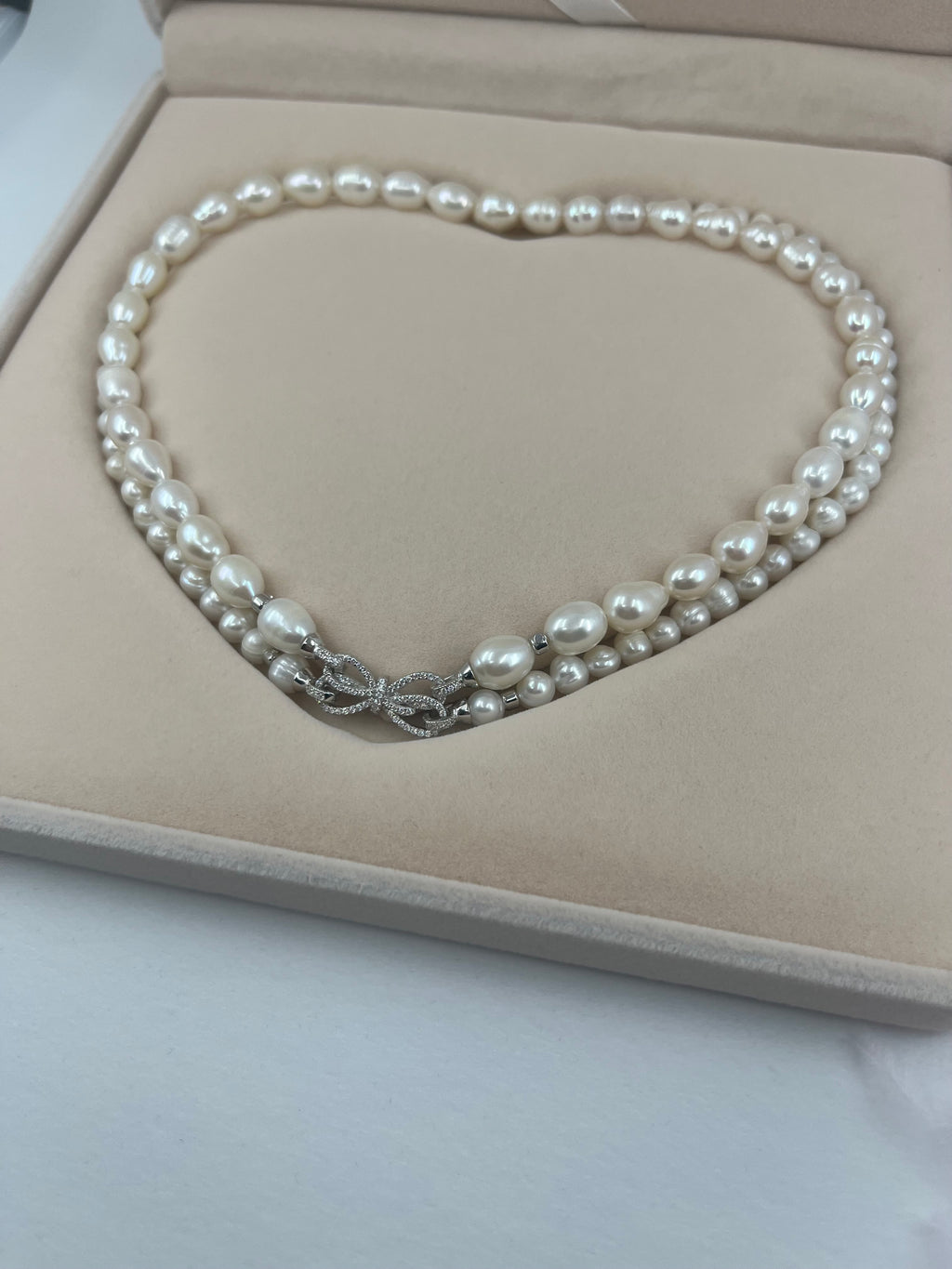Layered Natural Pearl Necklace with 925 Sterling Silver Bowknot Clasp, Gift Box