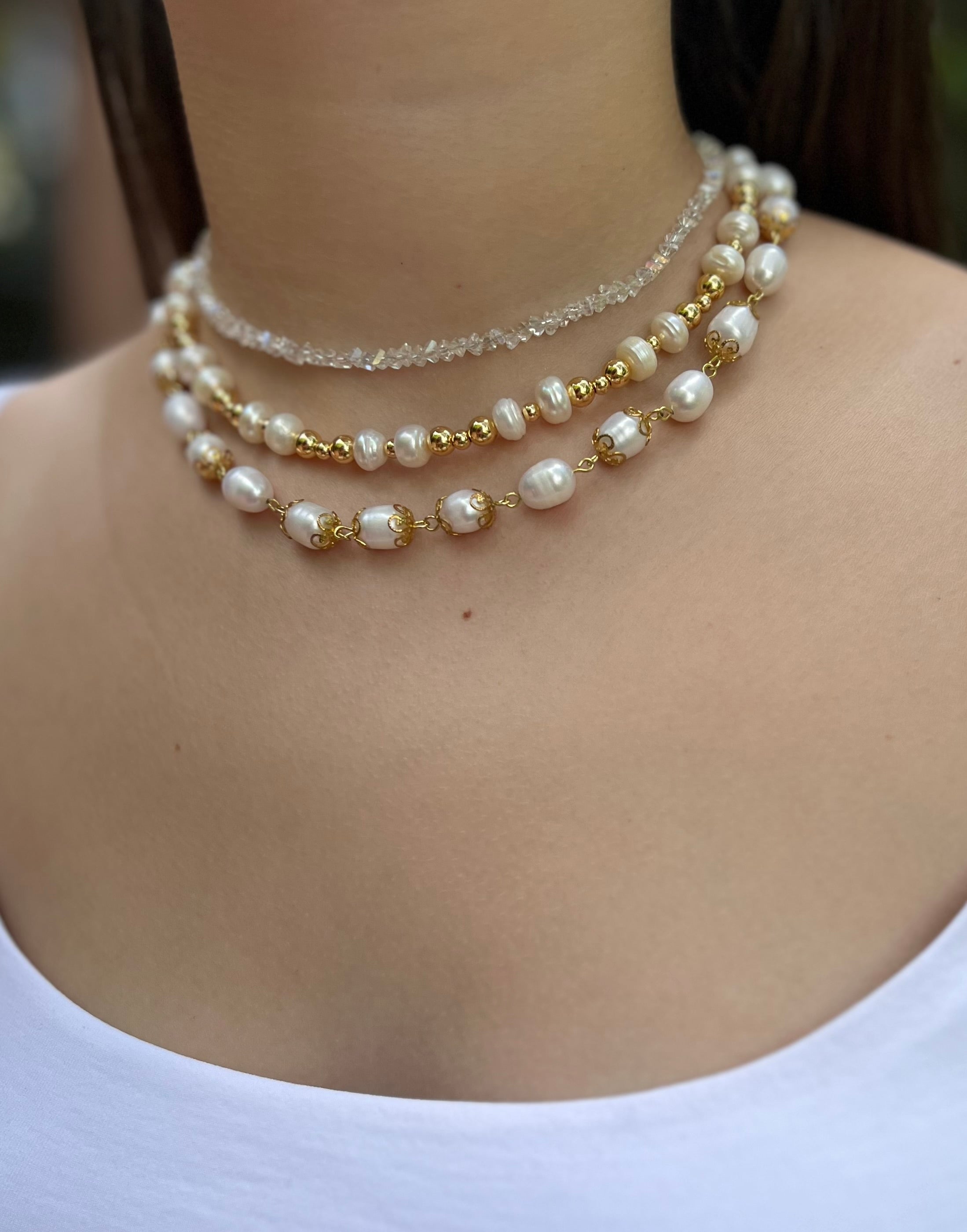 Three-Strand Natural Pearl & Crystal Necklace with Hoop Earrings Set – 18K Gold Plated, Gift Box