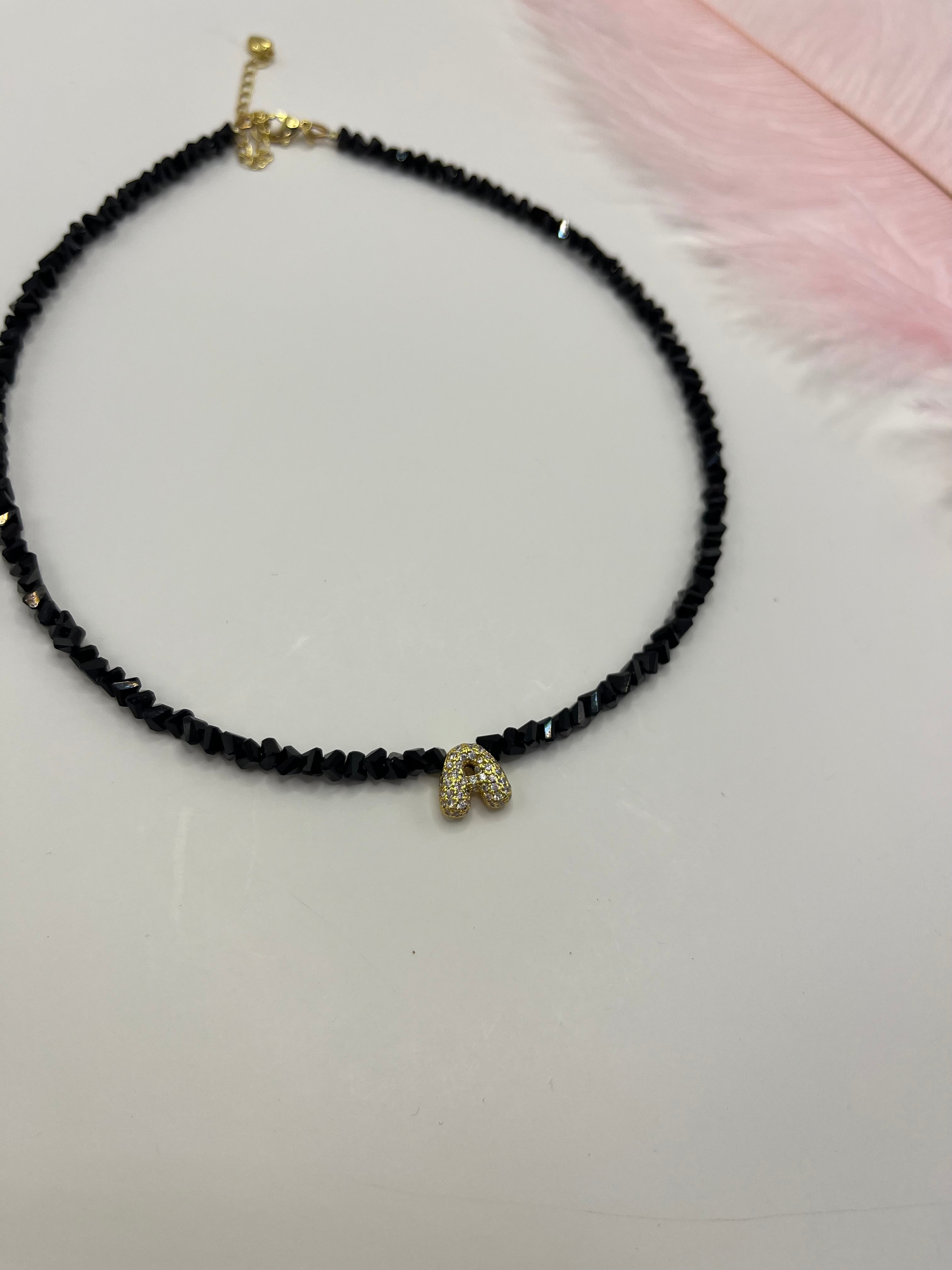 Initial Charm Black Crystal Necklace – 18K Gold Plated, Cubic Zirconia