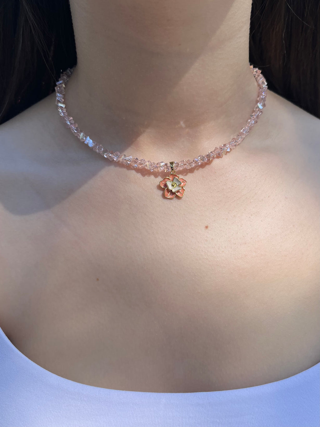 Enamel Flower Crystal Choker Necklace – 18K Gold Plated