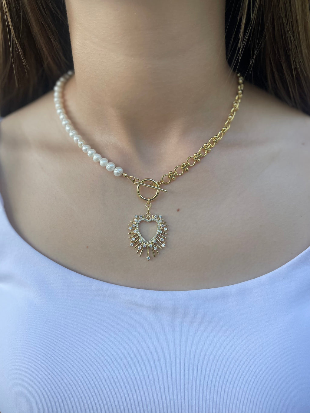 Asymmetrical Pearl Necklace with Heart Pendant, 18K Gold Plated Chain
