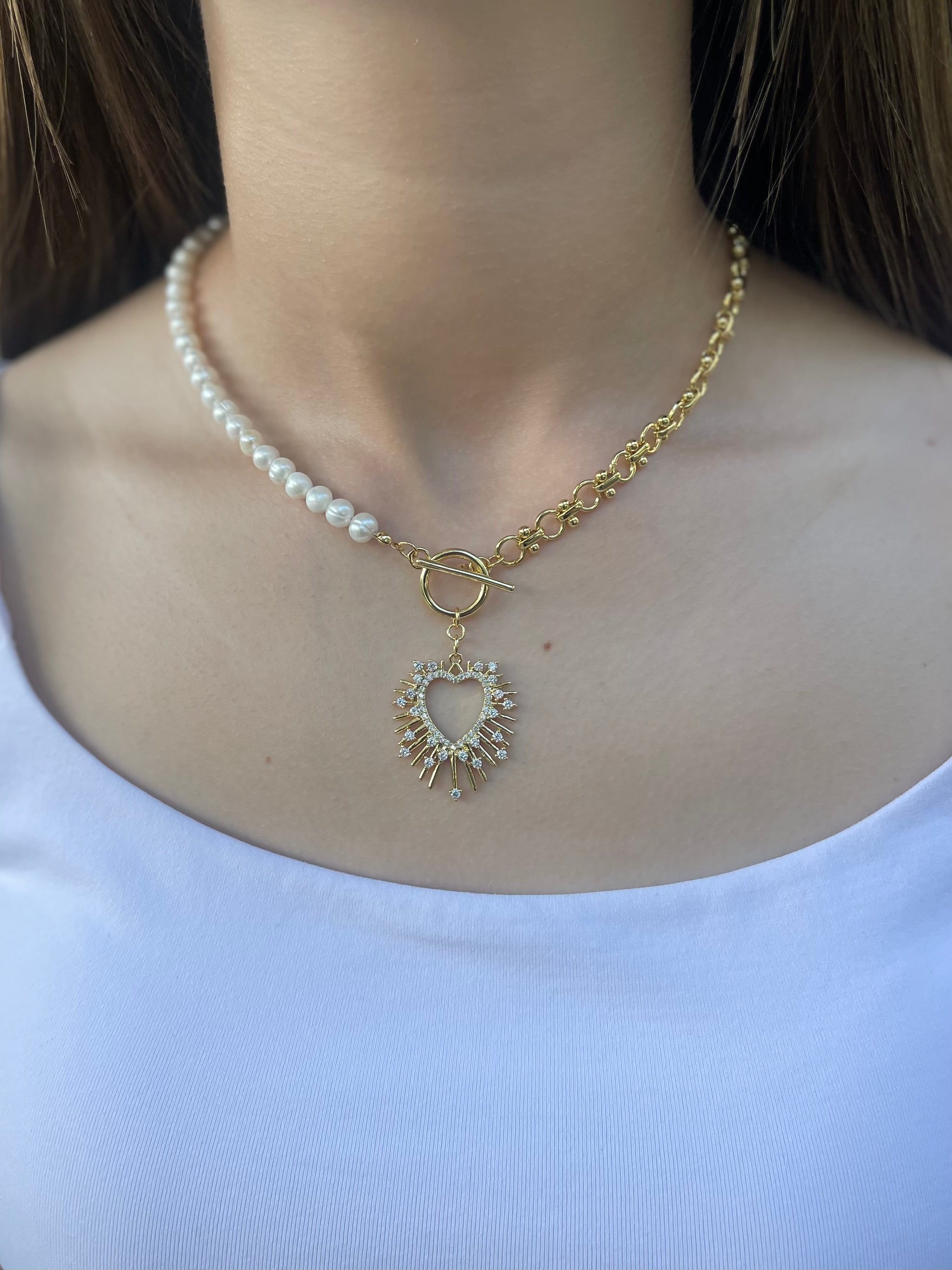 Asymmetrical Pearl Necklace with Heart Pendant, 18K Gold Plated Chain