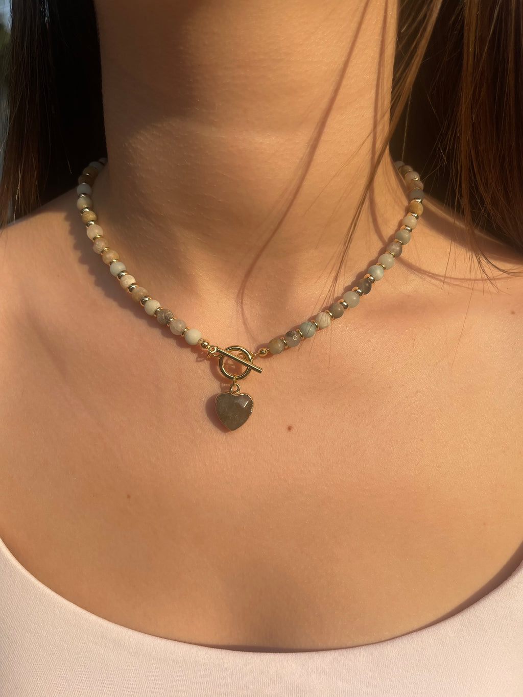 Natural Amazonite Heart Necklace, 18k gold plated clasp