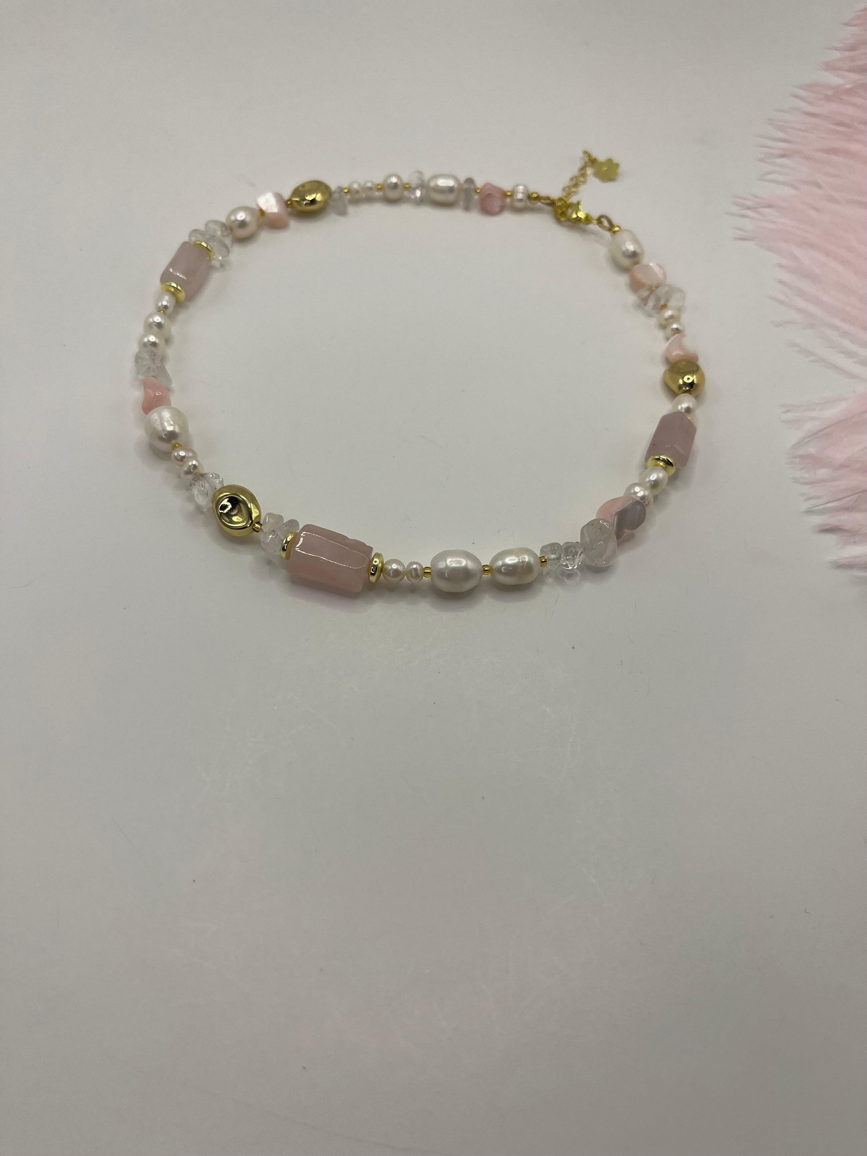 Set: Pearl and Rose Quartz Necklace and Earrings