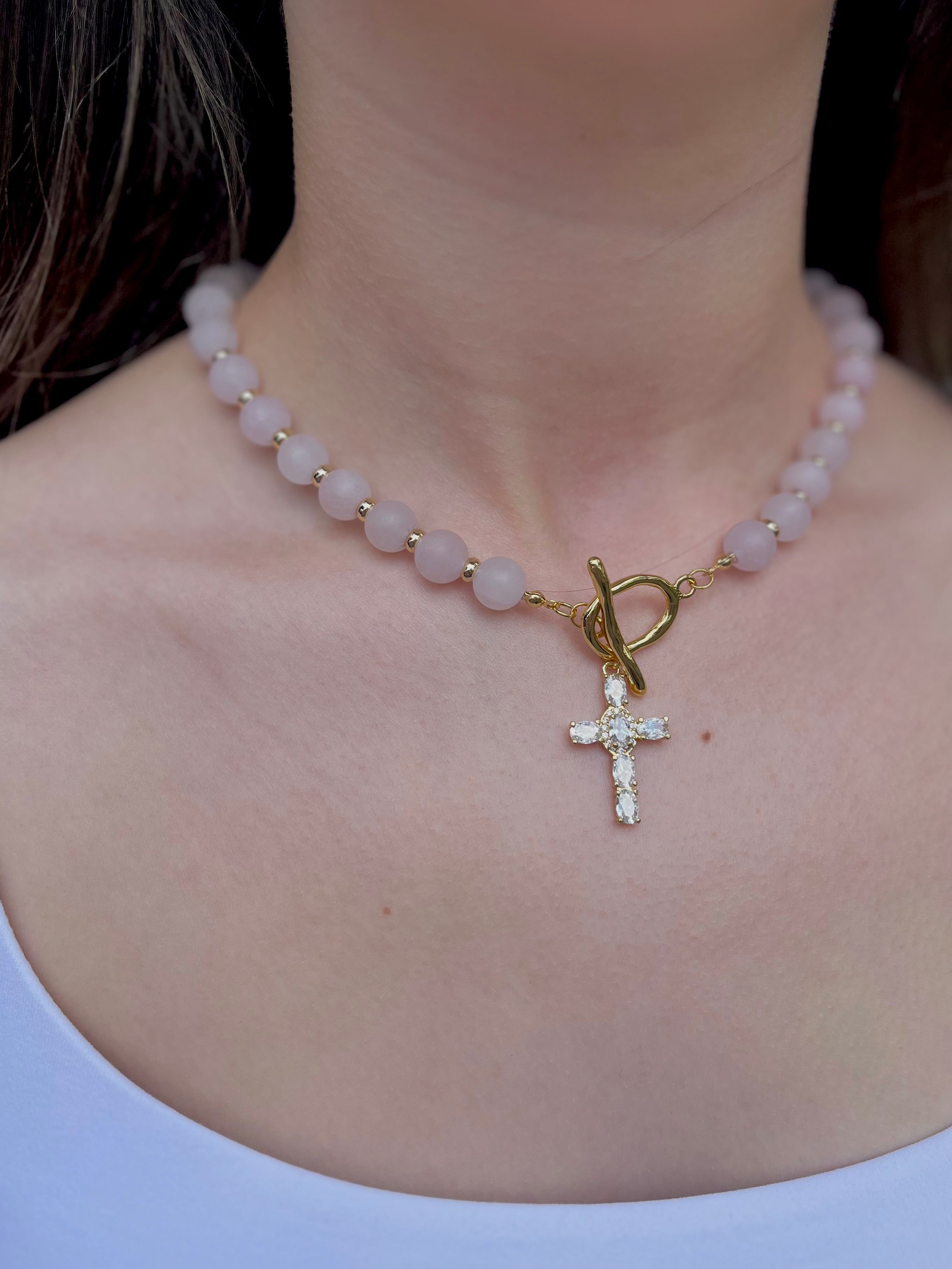 Set: Rose Quartz Cross Necklace and Earrings, 18k gold plated