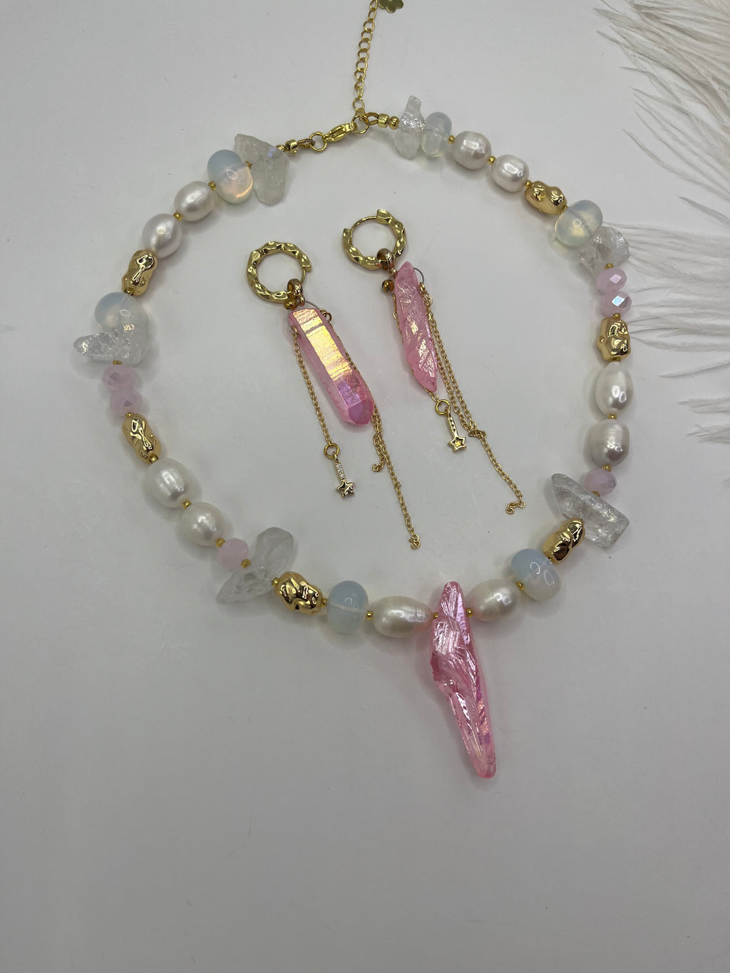 Set: Rose Quartz and Pearls Necklace and Earrings