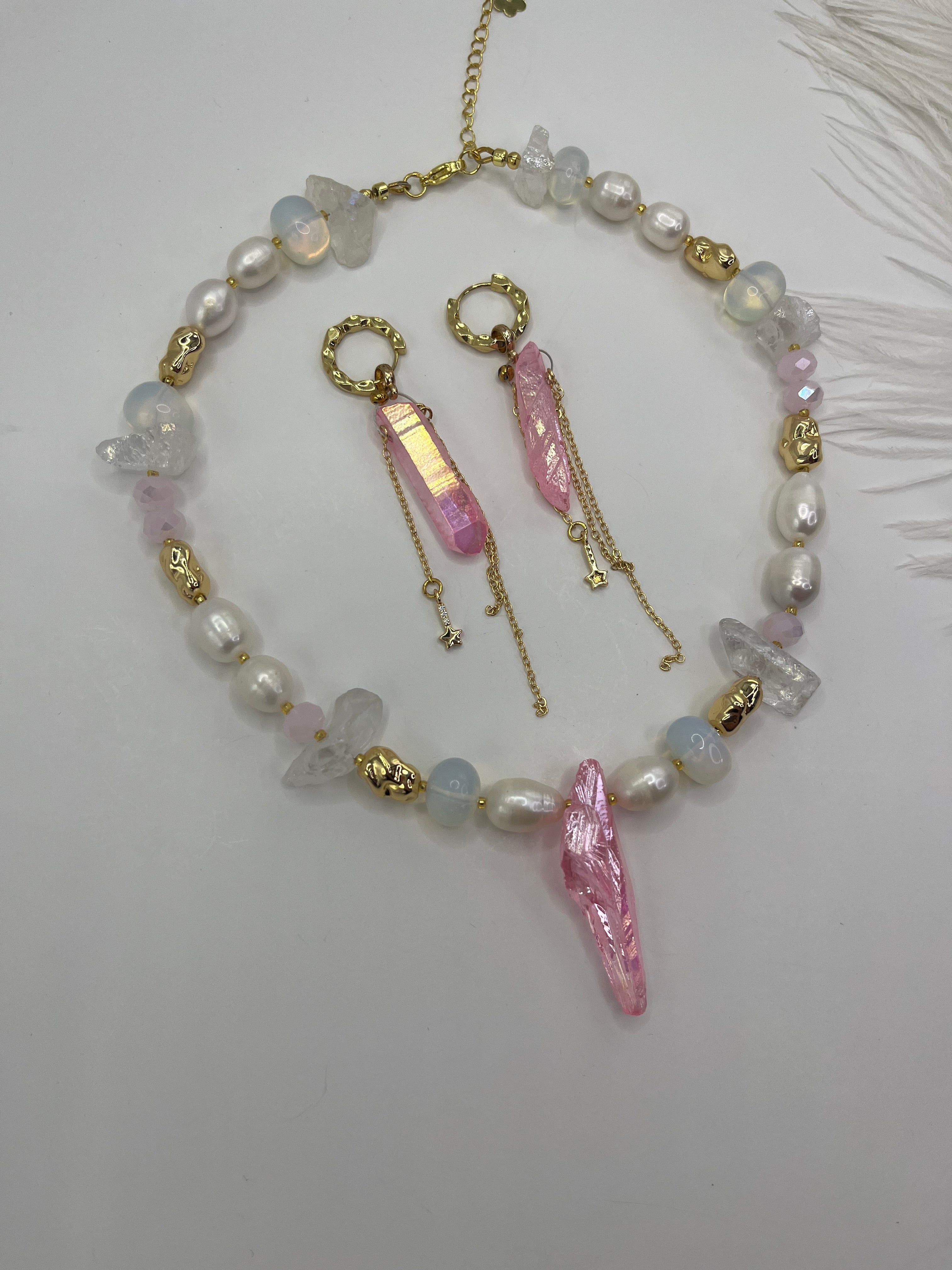 Set: Rose Quartz and Pearls Necklace and Earrings
