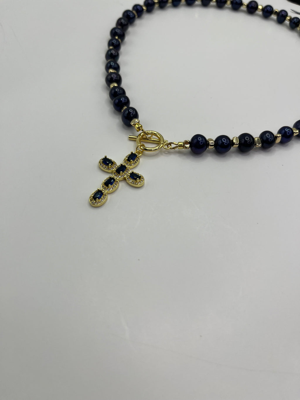 Blue Pearl Choker Necklace with Cross pendant: 18K Gold Plated