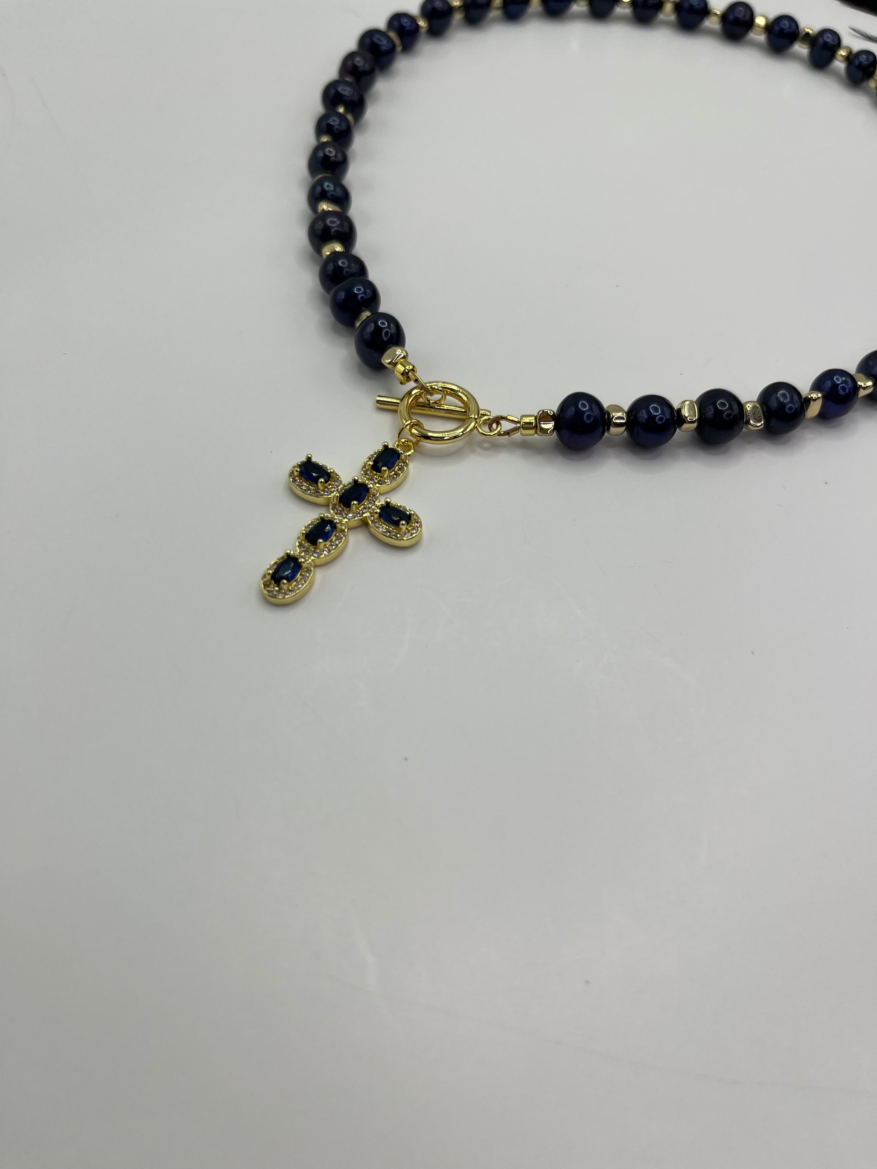 Blue Pearl Choker Necklace with Cross pendant: 18K Gold Plated
