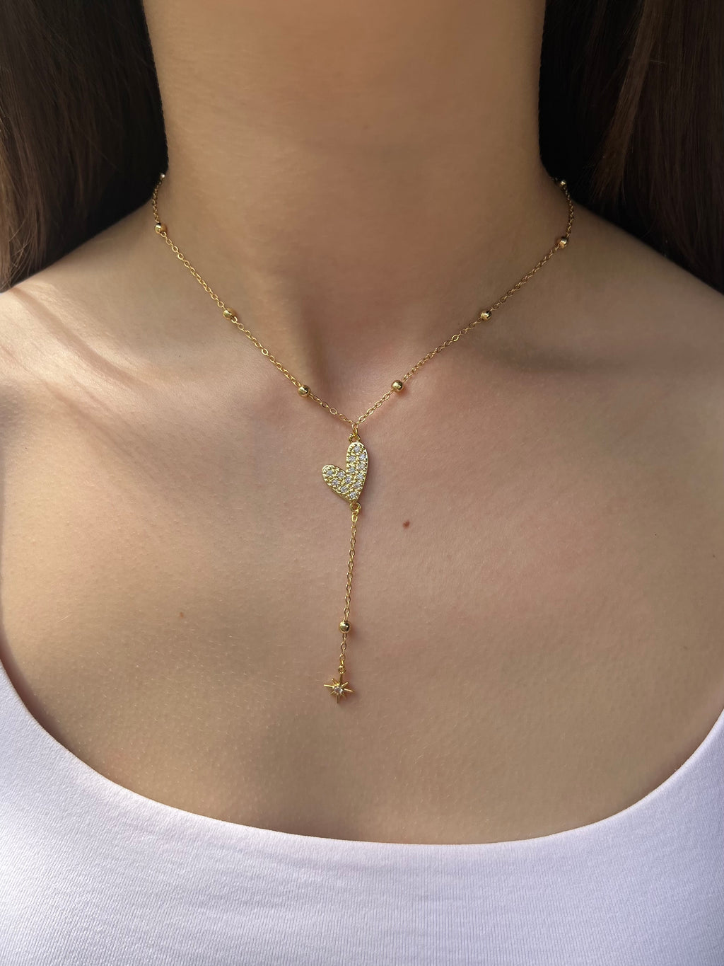 Lariat Y-Necklace, zirconia heart pendant 18k gold plated