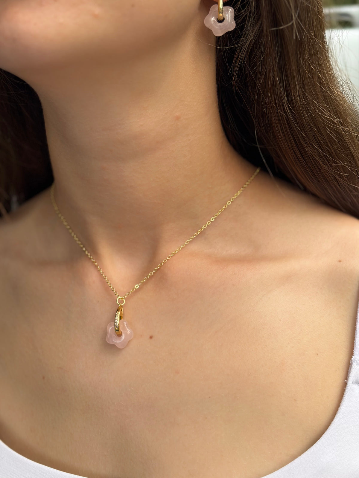 Rose Quartz flower Earrings and necklace,18K Gold Plated