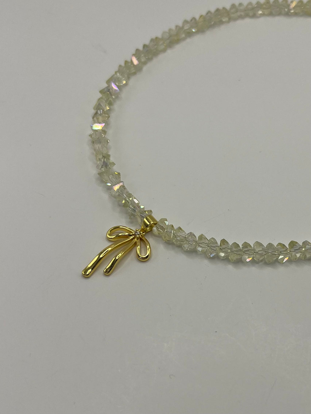 Crystal Glass Bead Choker: 18K Gold Bowknot Pendant