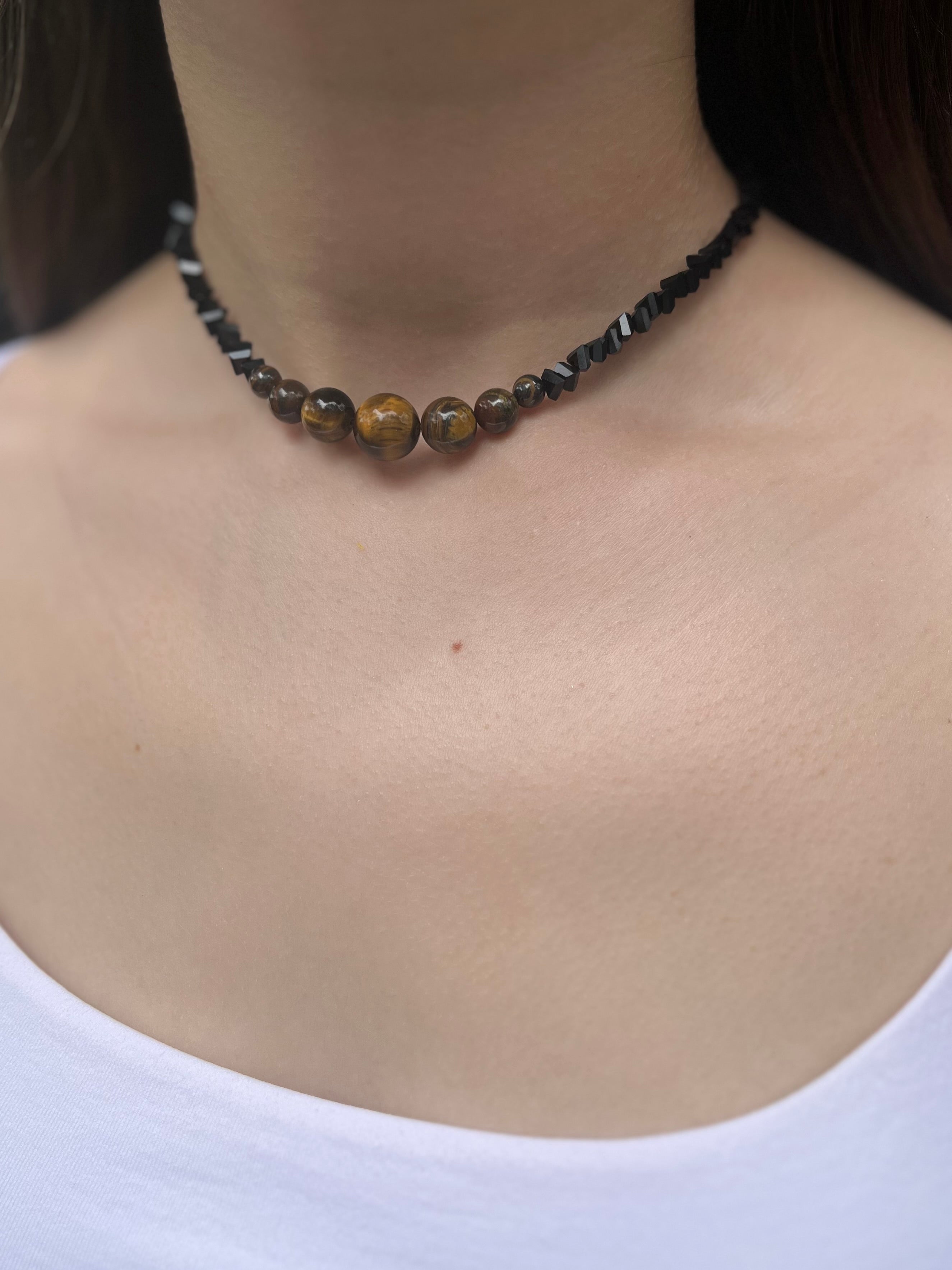 Set: Black Crystal Choker Necklace with Tiger Eye and earrings