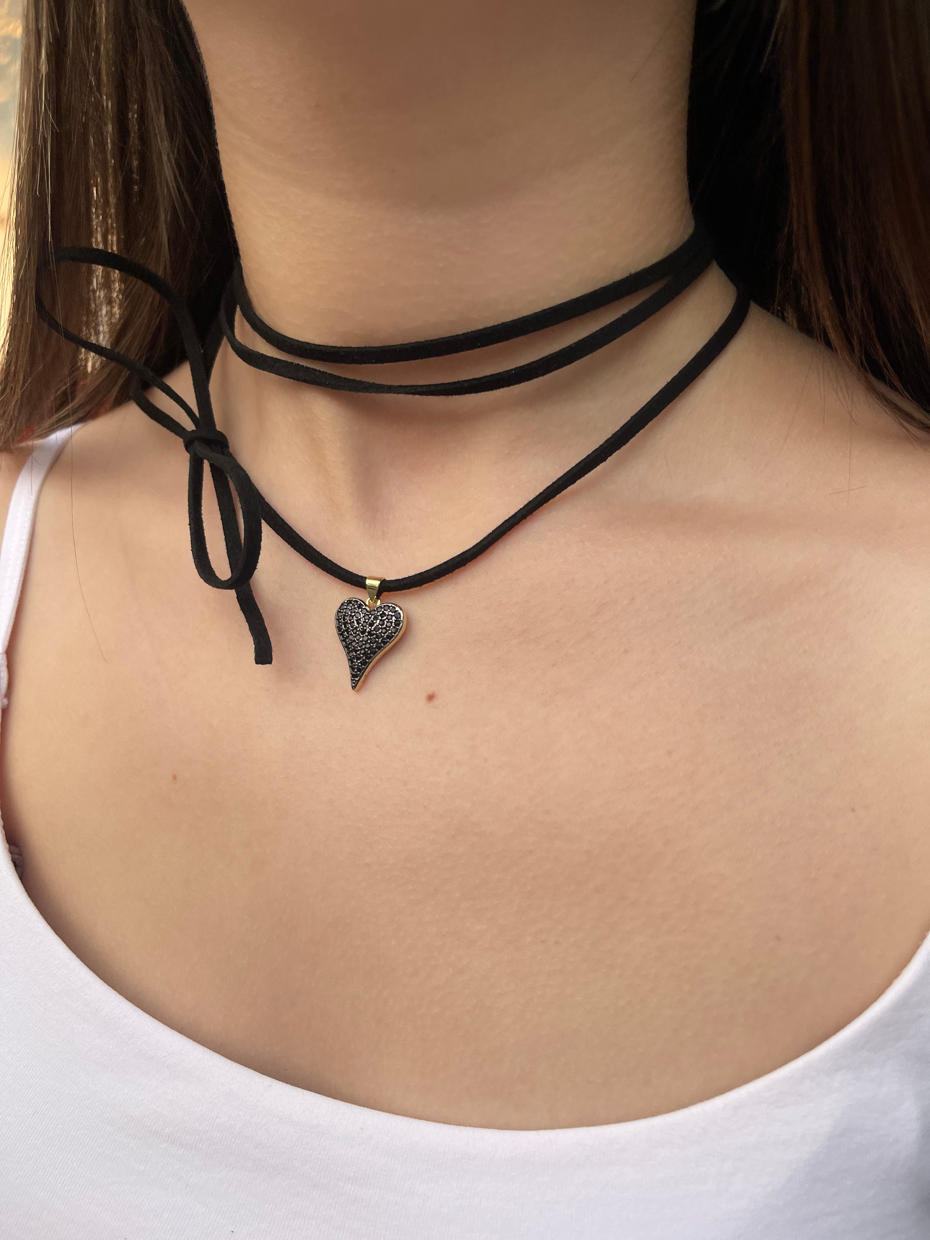 Black Suede Bow Tie Wrap Choker, 18K gold Pendant Necklace