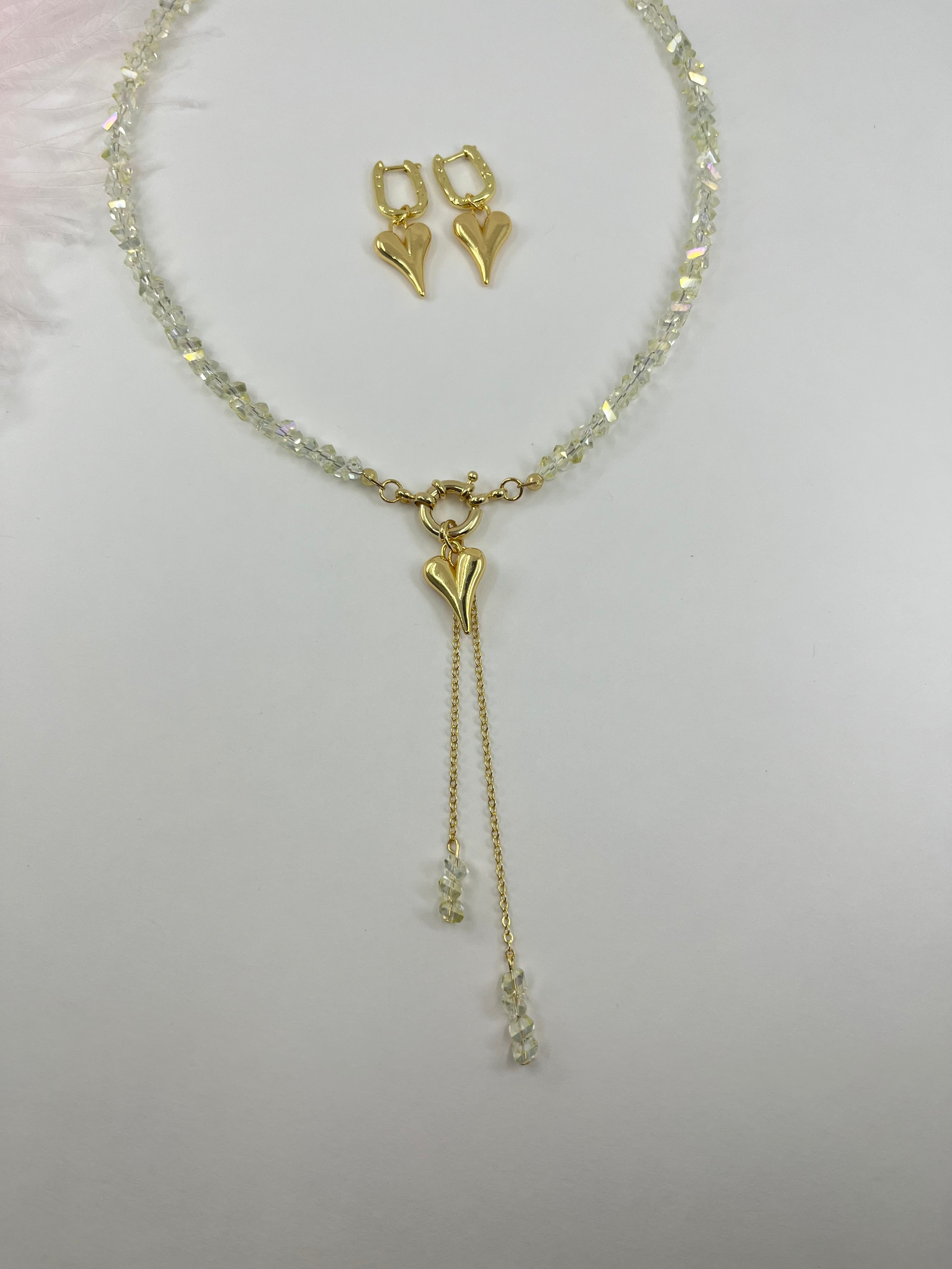 Set: Heart Crystal Y-Necklace and Earrings – 18K Gold Plated