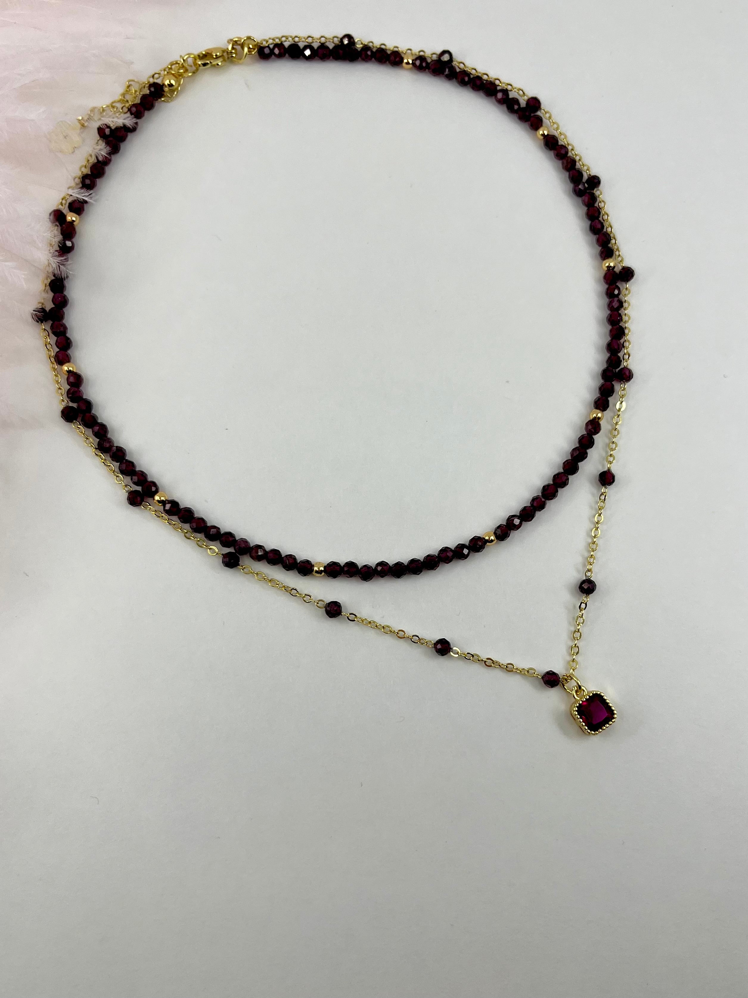 Layered Garnet necklace , 18K gold clasp