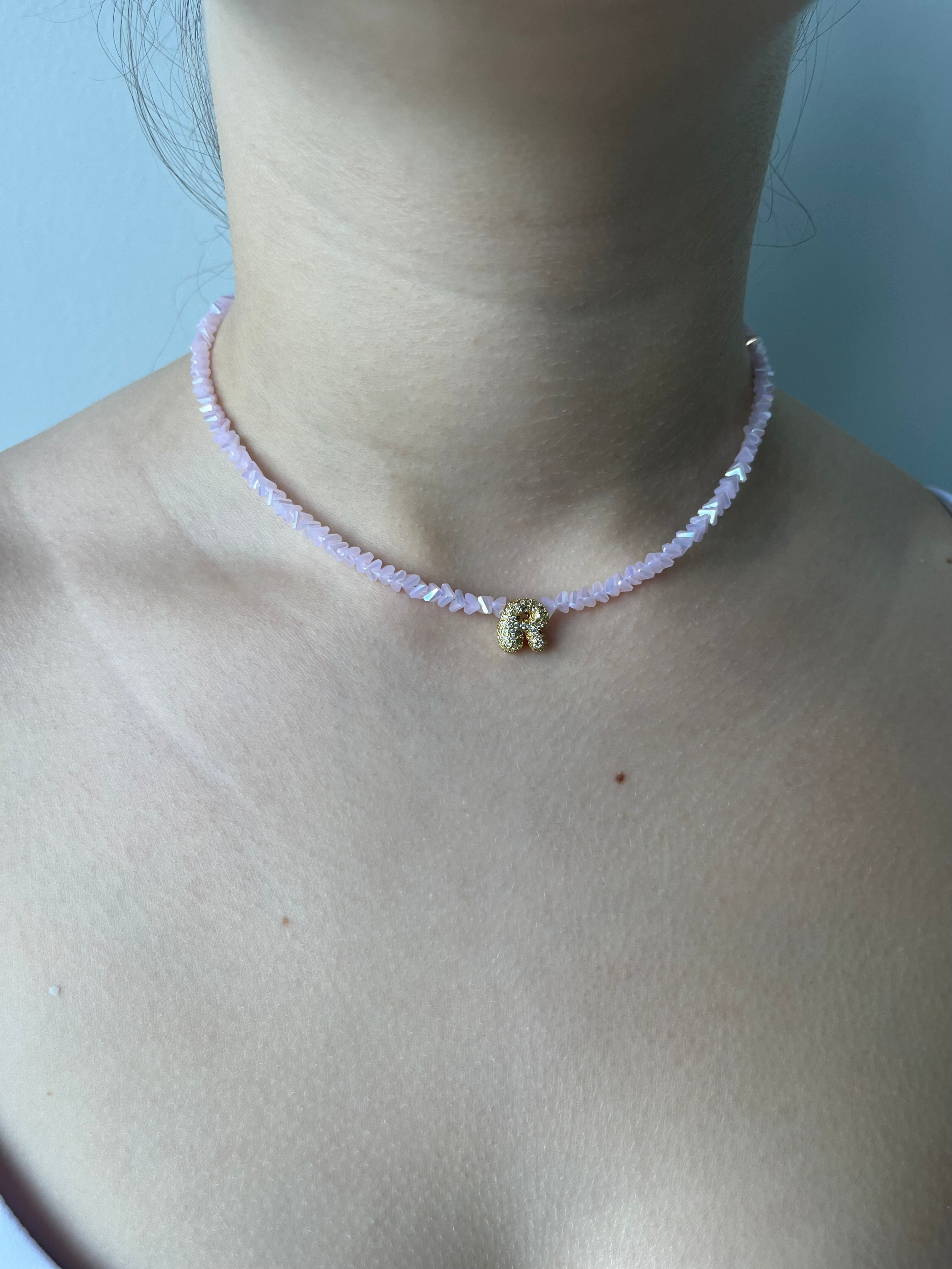 Initial Charm Pink Crystal Necklace – 18K Gold Plated, Cubic Zirconia