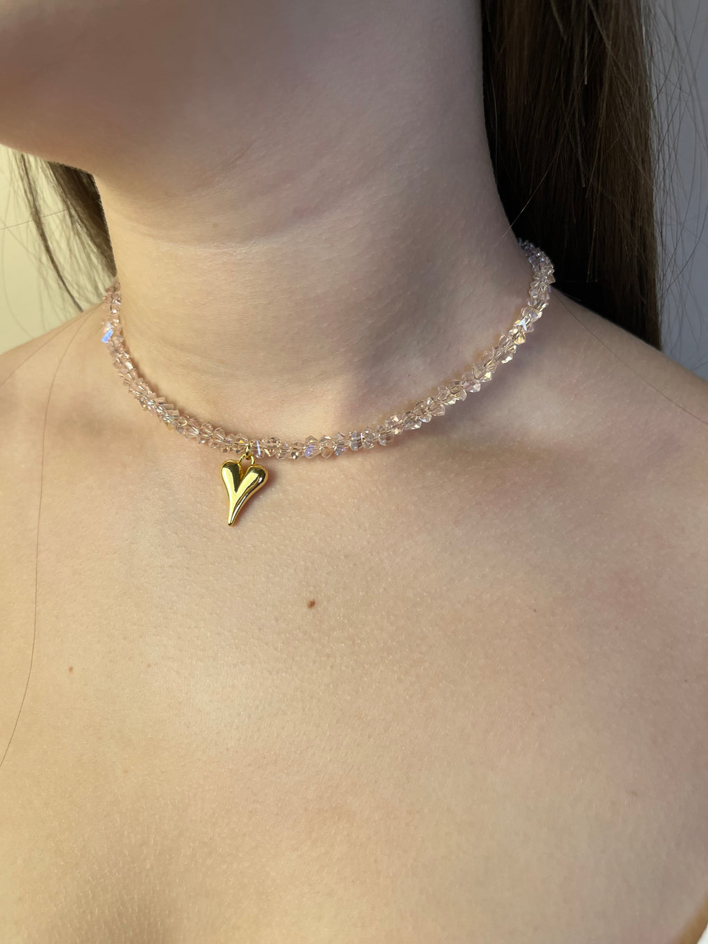 Crystal Glass Bead Choker: 18K Gold Heart Pendant