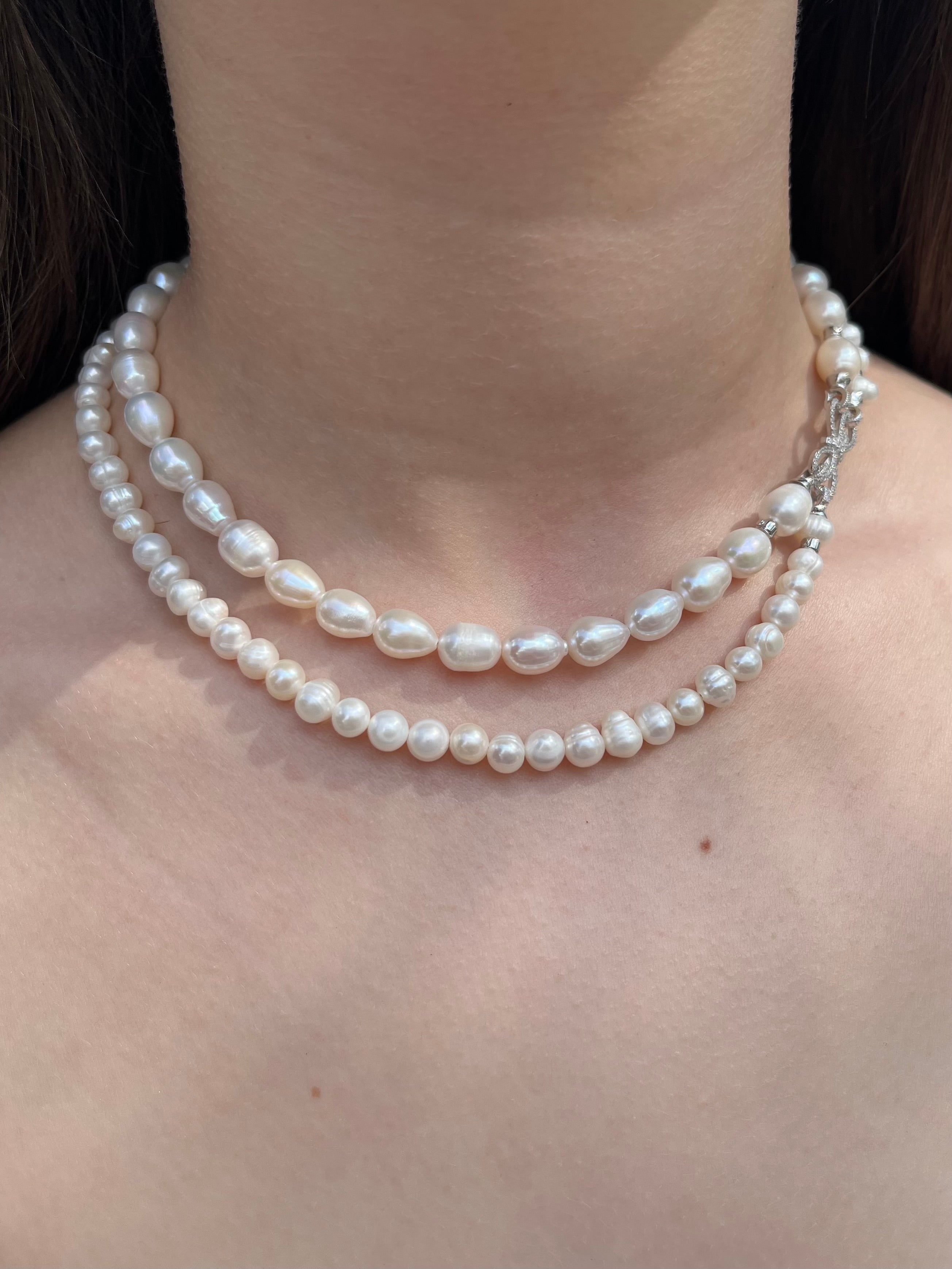 Layered Natural Pearl Necklace with 925 Sterling Silver Bowknot Clasp, Gift Box