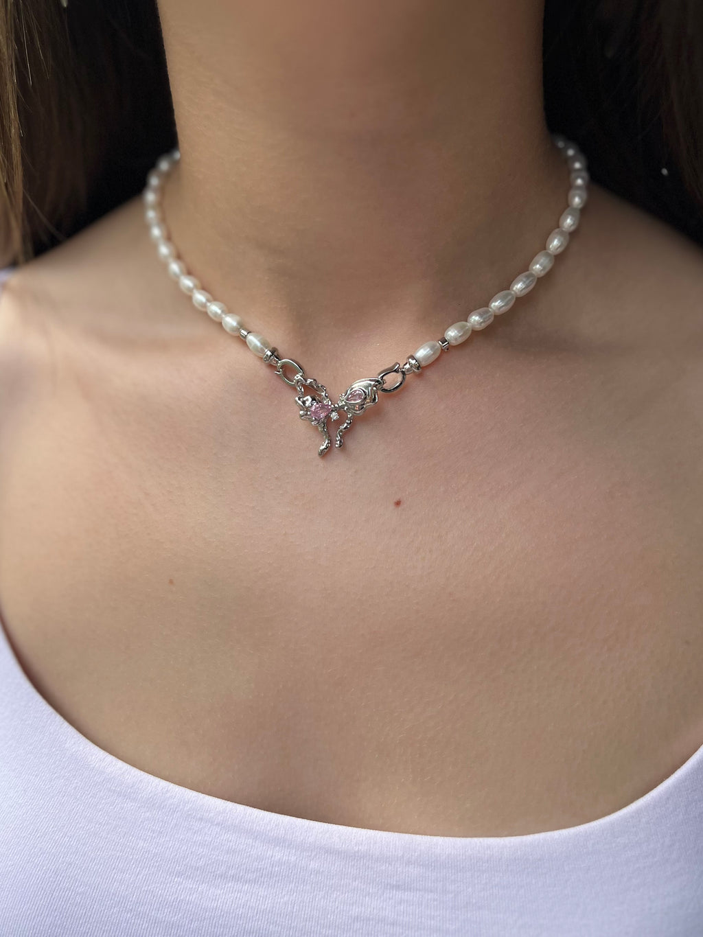 Natural Pearl Necklace with butterfly Clasp