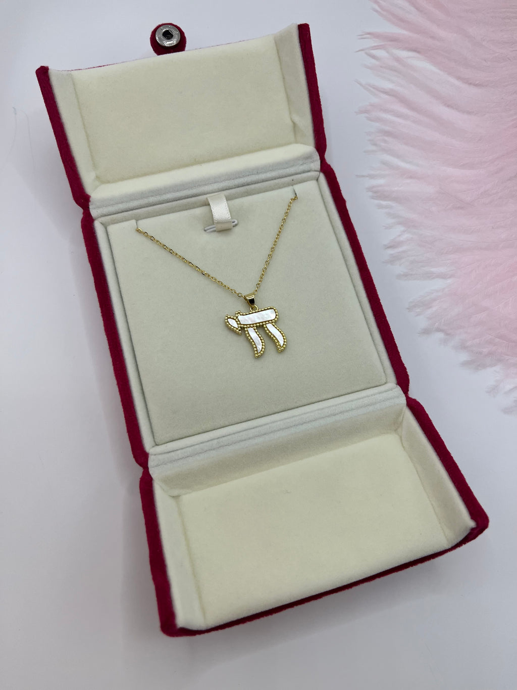 Chai Jewish Necklace – Natural White Shell & 18K Gold Plated Chain, including velvet box