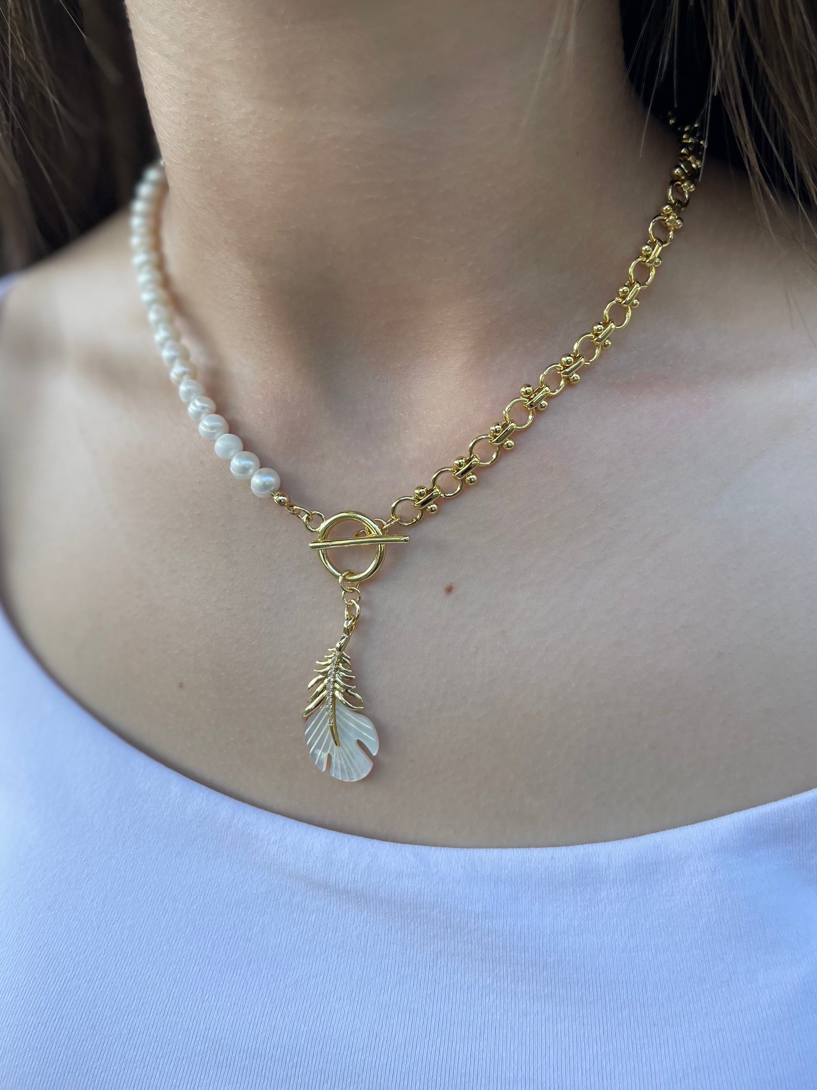 Asymmetrical Pearl Necklace with Feather Pendant, 18K Gold Plated Chain