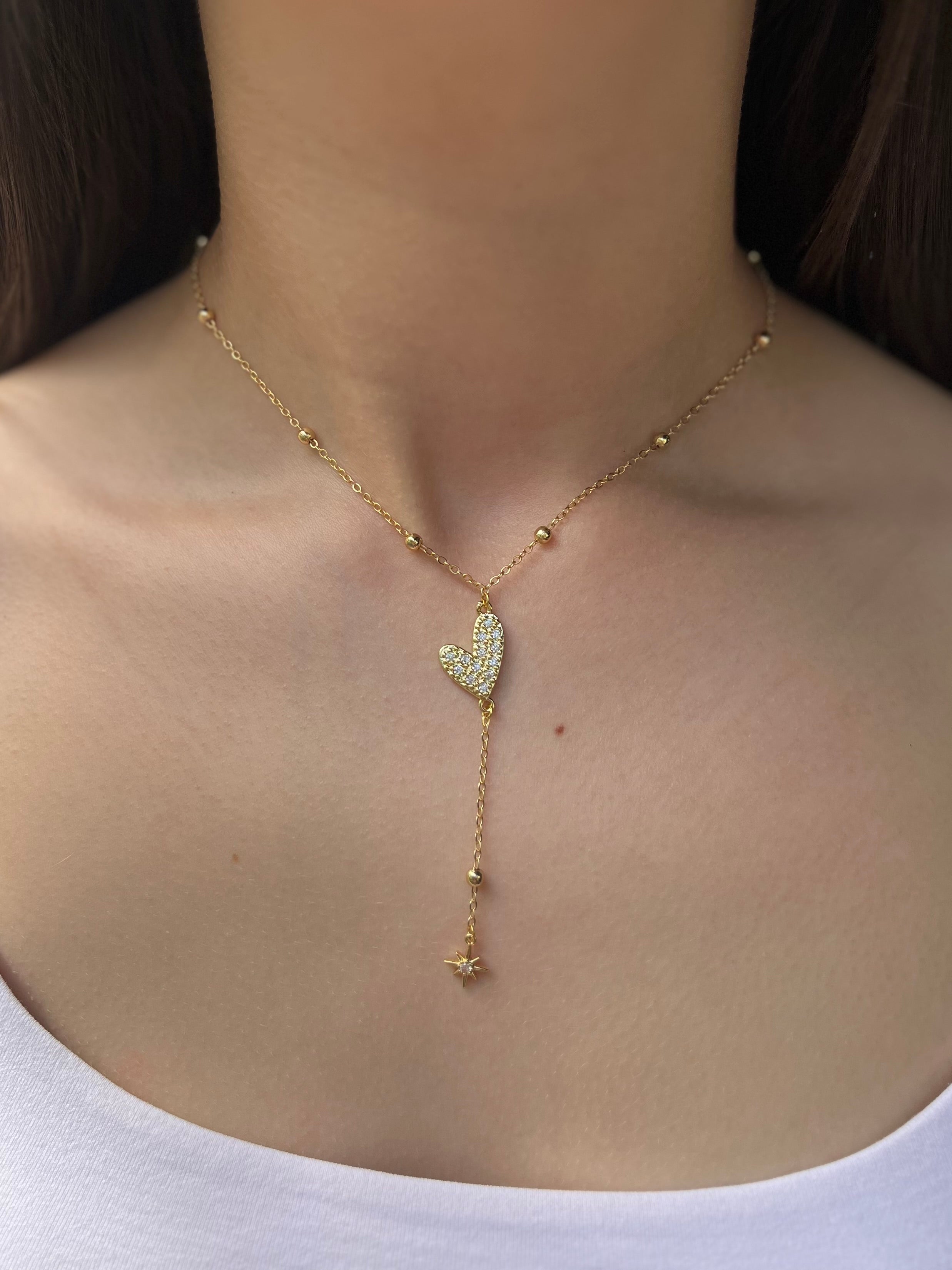 Lariat Y-Necklace, zirconia heart pendant 18k gold plated