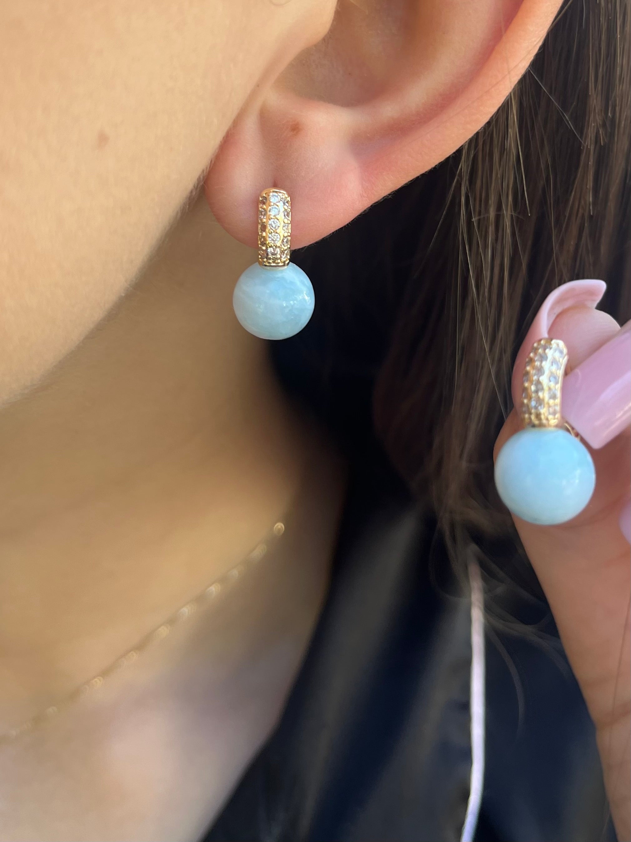 Natural light blue Jade Gold Zirconia Earrings